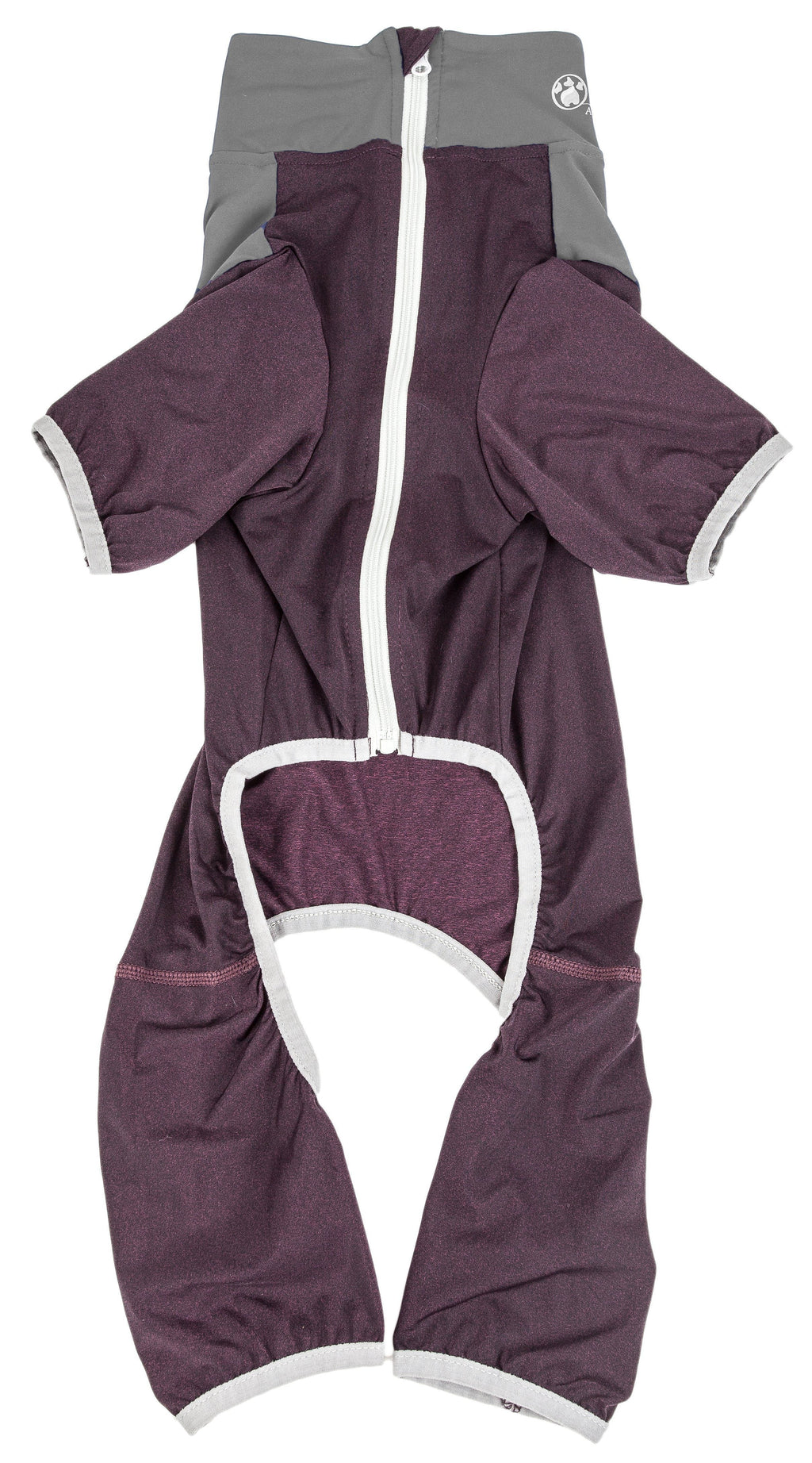 Burgundy full-body dog tracksuit with hood, front zipper, and elastic paw openings