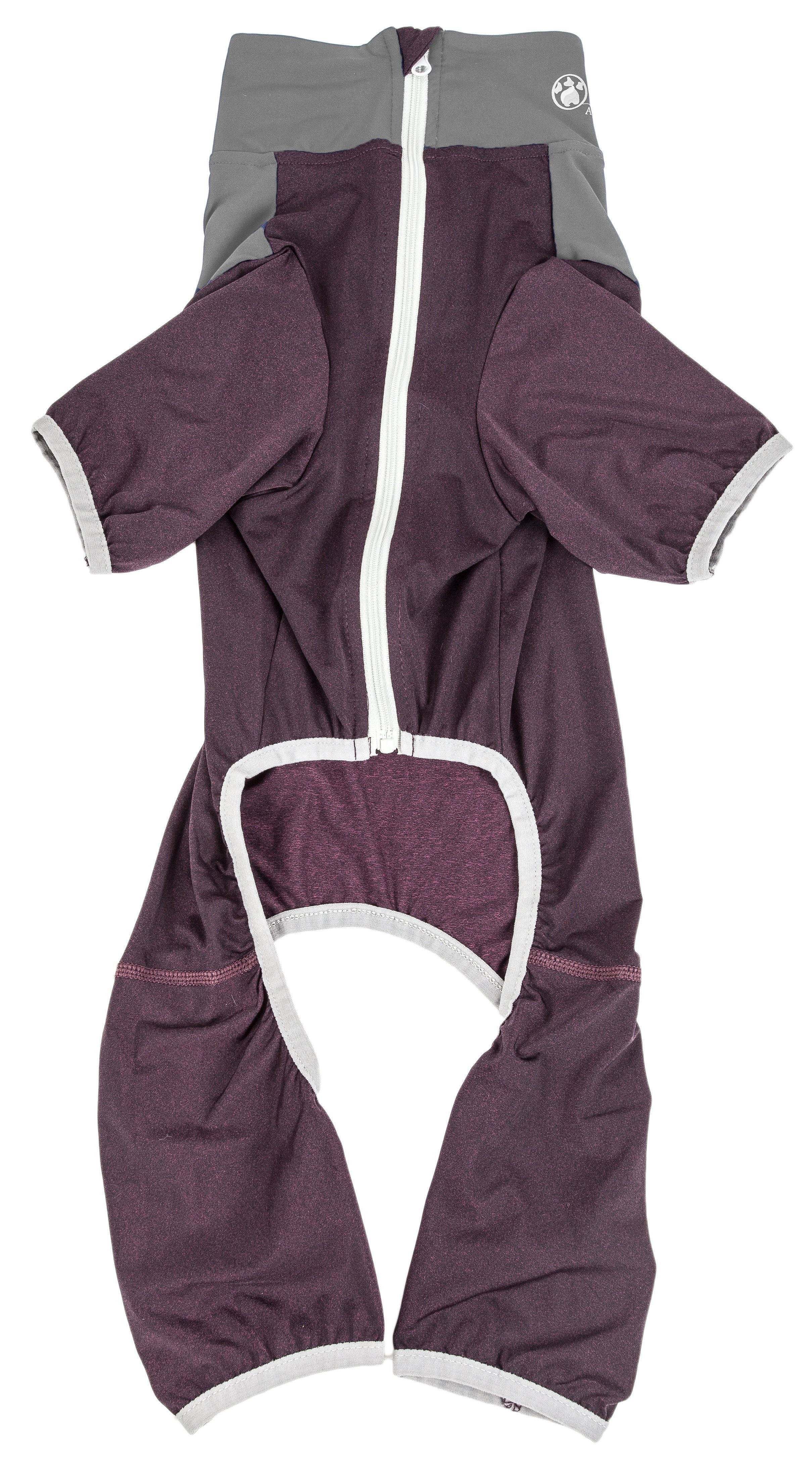 Burgundy full-body dog tracksuit with hood, front zipper, and elastic paw openings