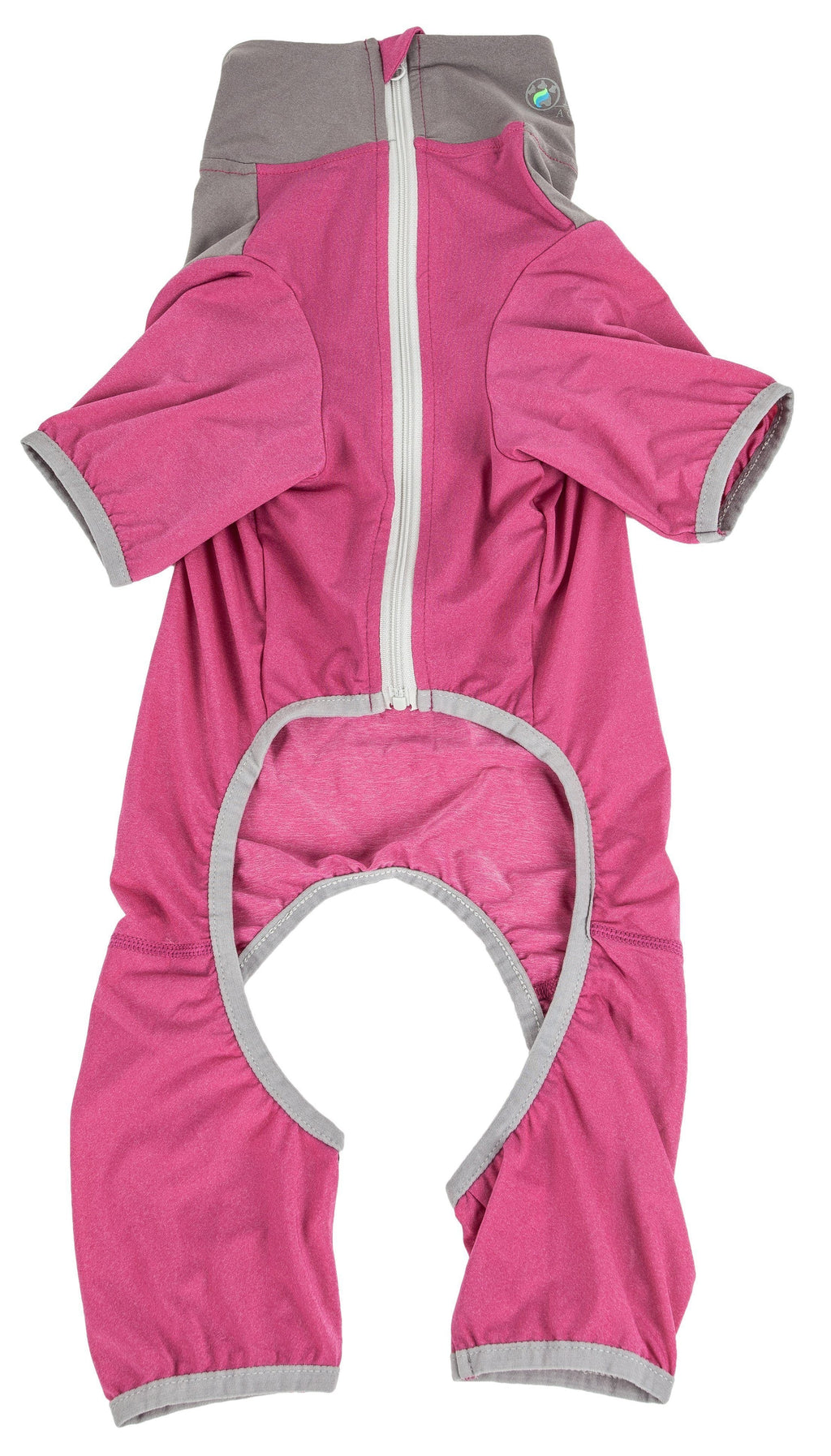 Pink and gray full-body dog tracksuit with hood, front zipper, and paw openings
