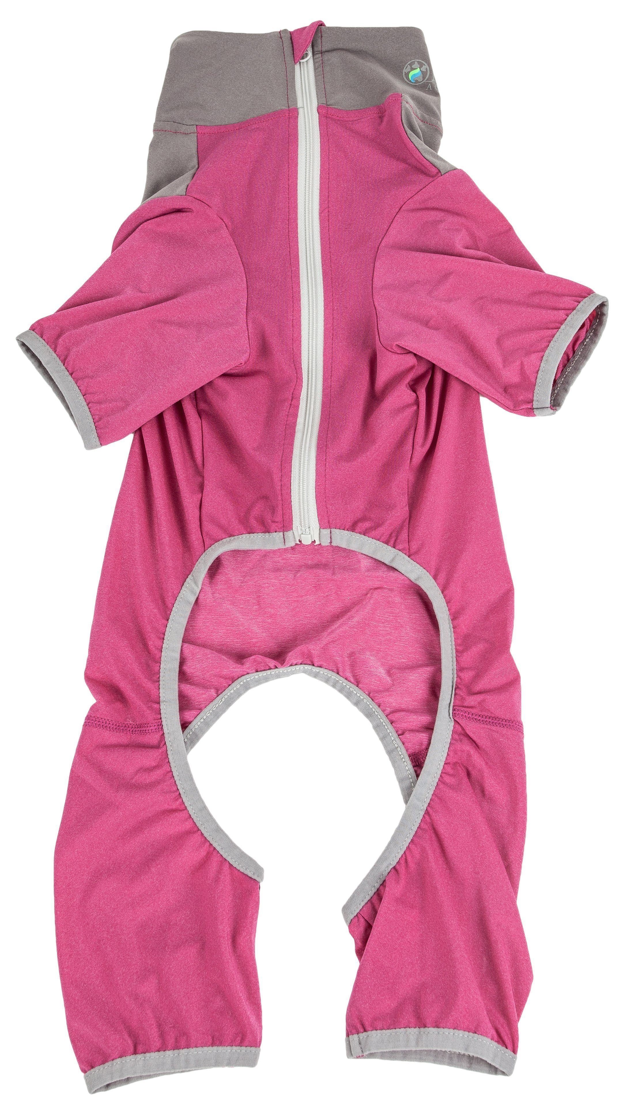 Pink and gray full-body dog tracksuit with hood, front zipper, and paw openings