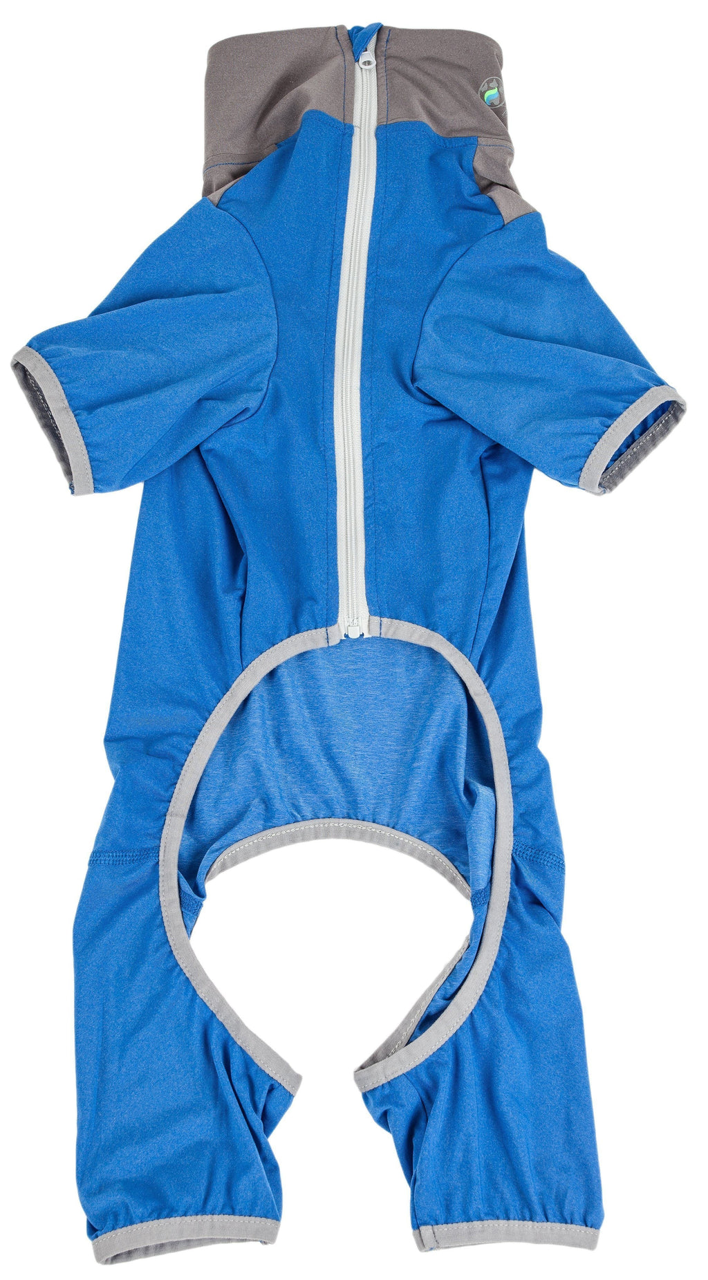 Blue full-body dog tracksuit with hood, white zipper trim, and paw openings