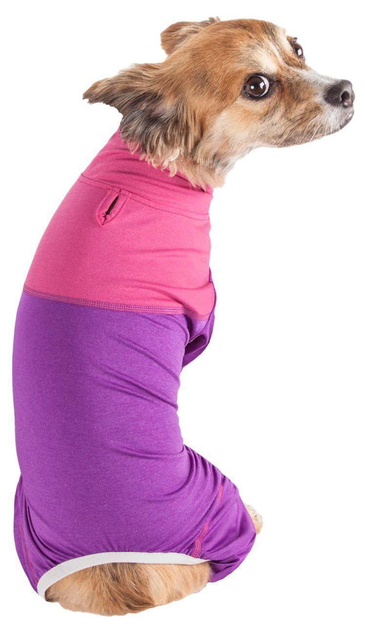 Pink and purple full-body dog tracksuit with hood and front zipper