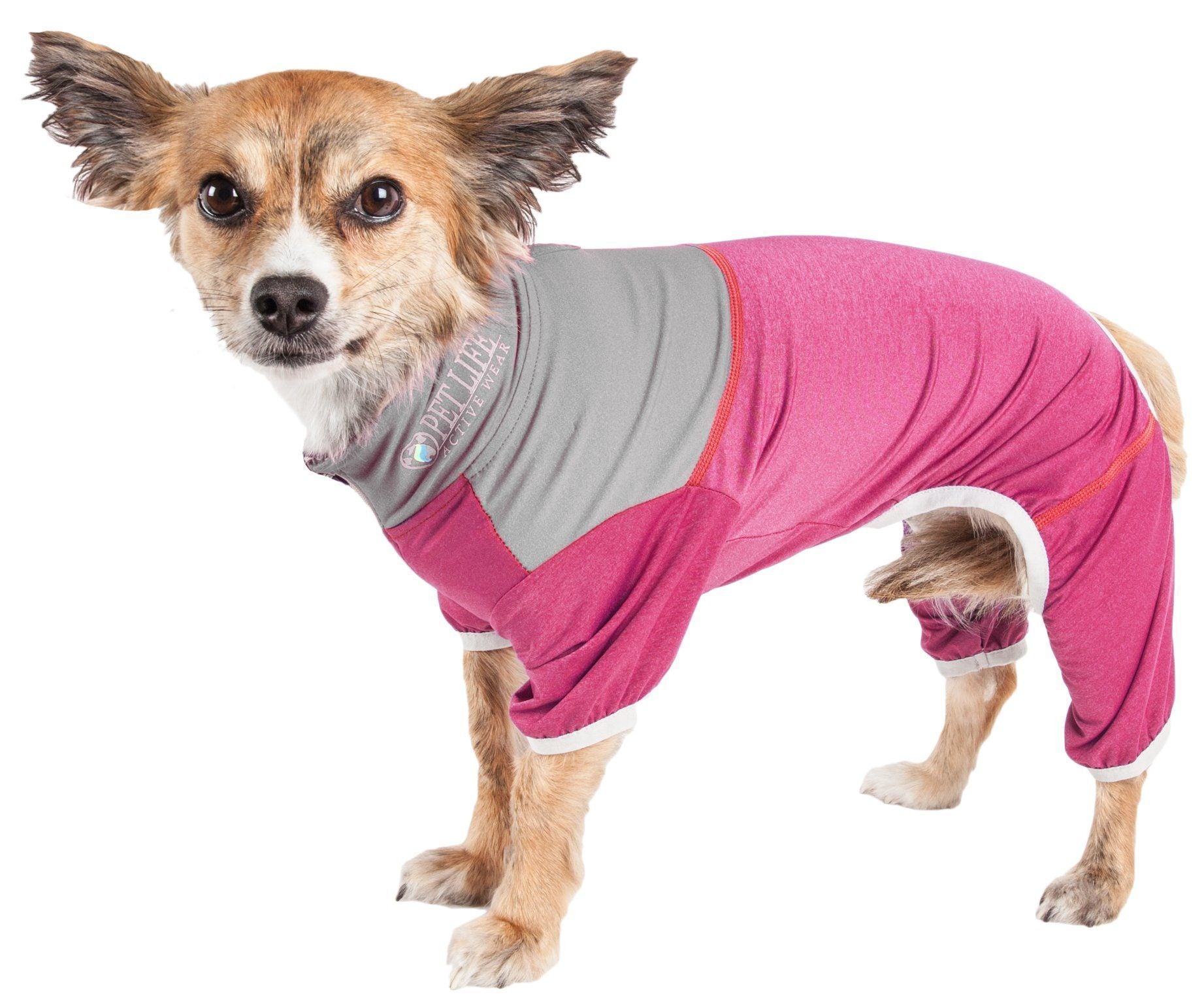Pink and gray 4-way stretch dog tracksuit with paw-access leg openings