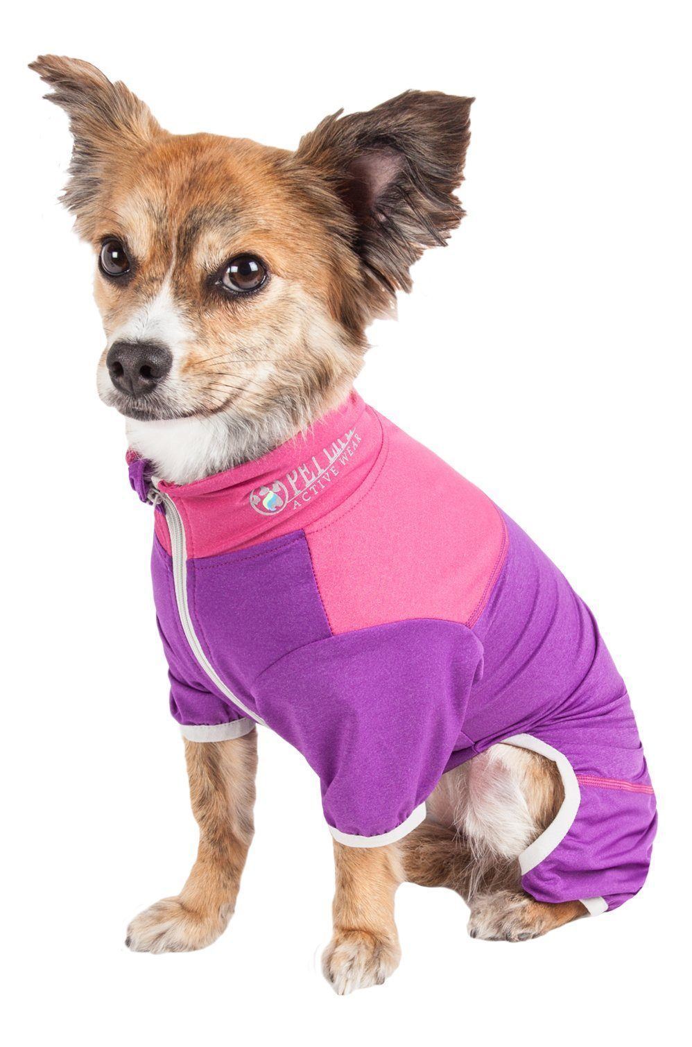 Pink and purple colorblock full-body dog tracksuit with front zipper and hood