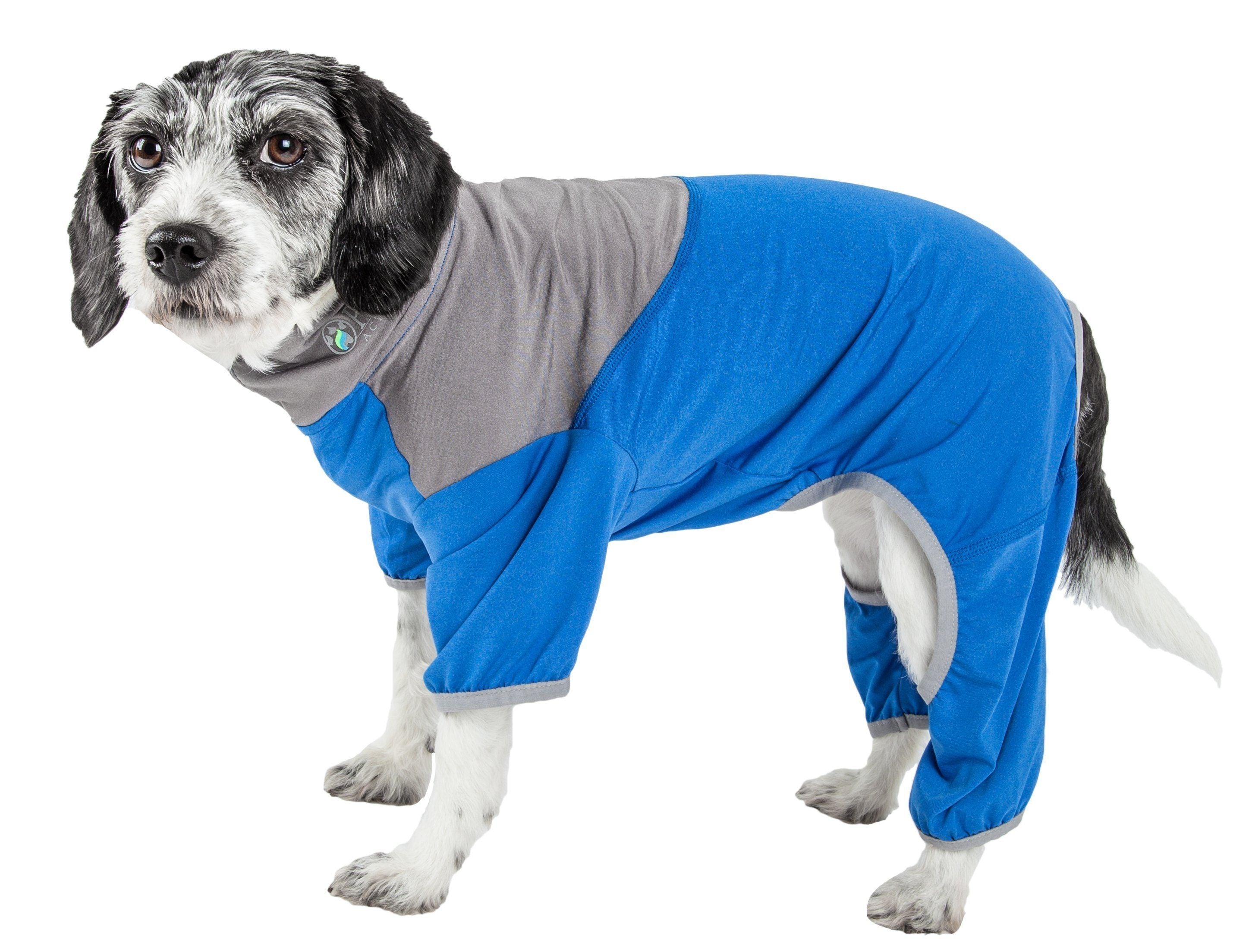 Blue 4-way stretch dog tracksuit with paw-access leg openings