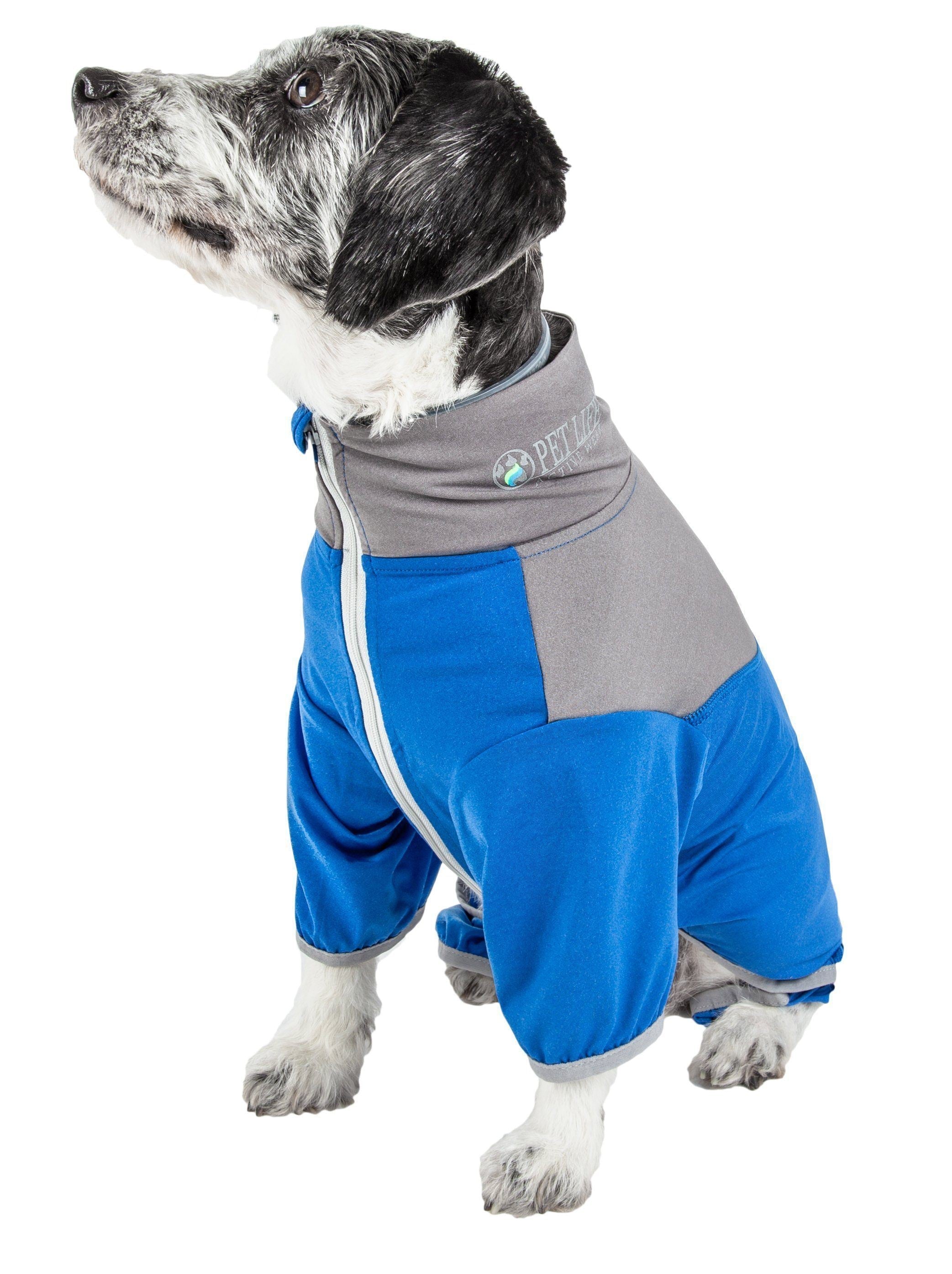 Blue and gray colorblock full-body dog tracksuit with hood and front zipper