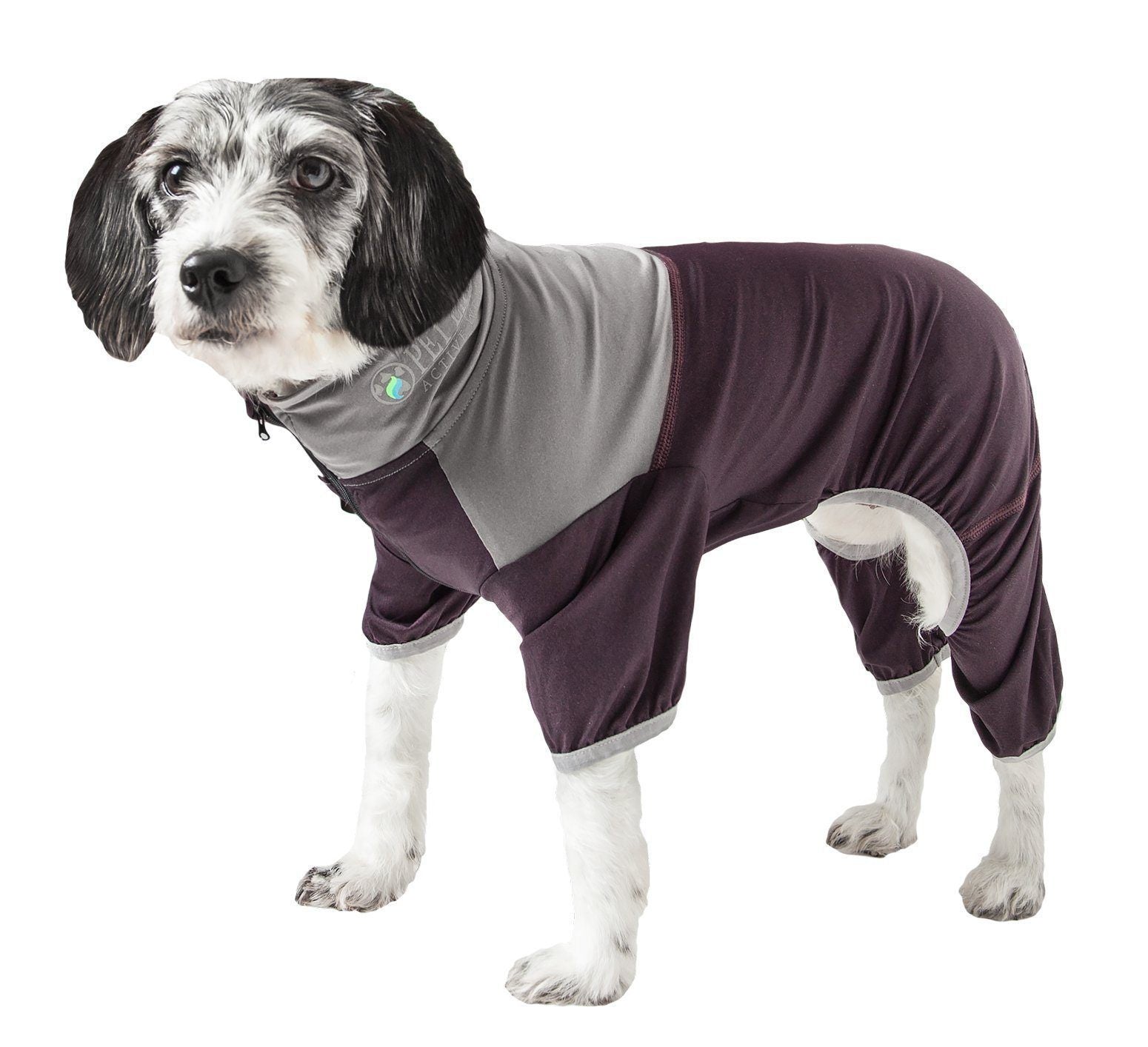 Burgundy and gray 4-way stretch dog tracksuit with paw-access leg openings