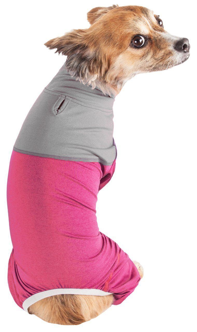 Gray and pink full-body dog tracksuit with 4-way stretch