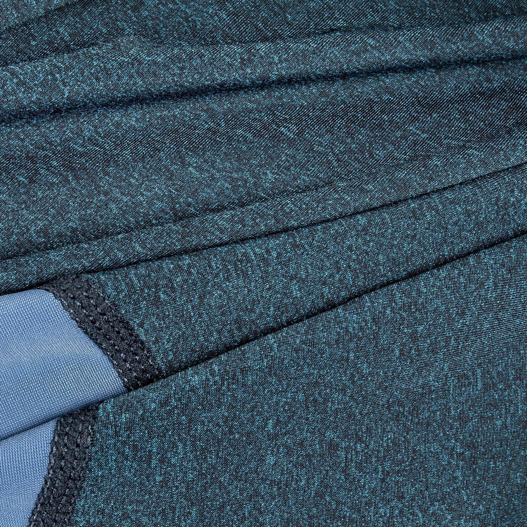 Heathered blue full-body dog tracksuit with seam stitching and knit stretch fabric