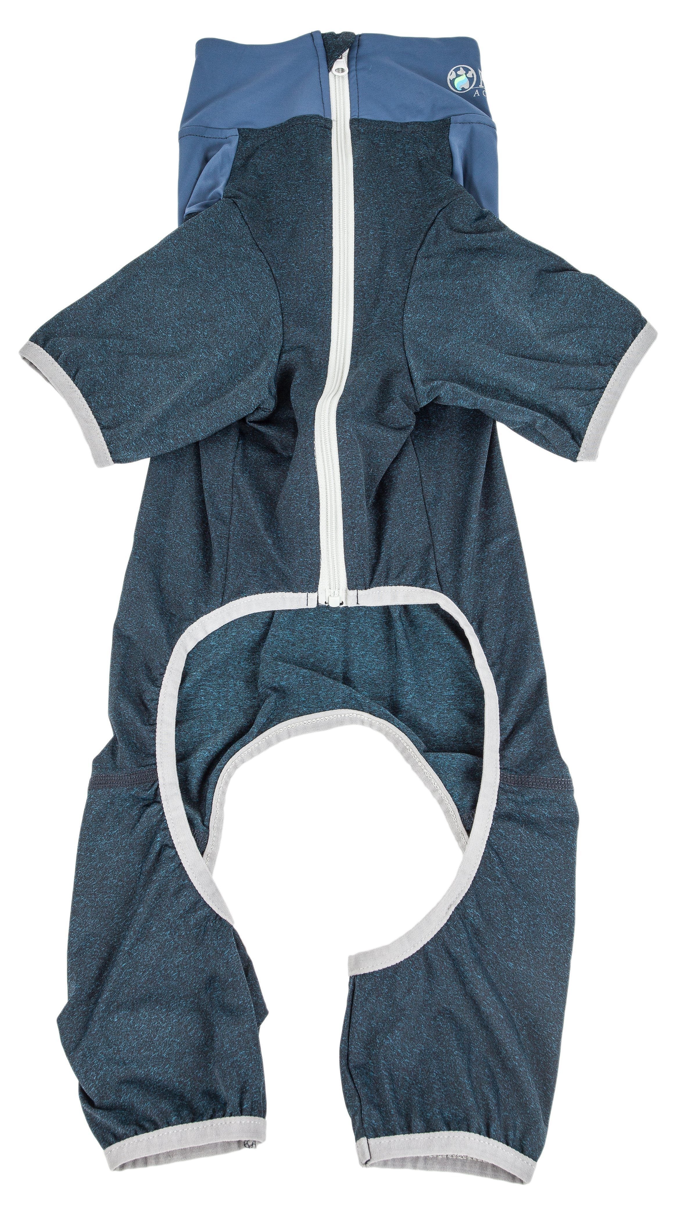 Teal/navy full-body dog tracksuit with hood, zipper front, and paw openings