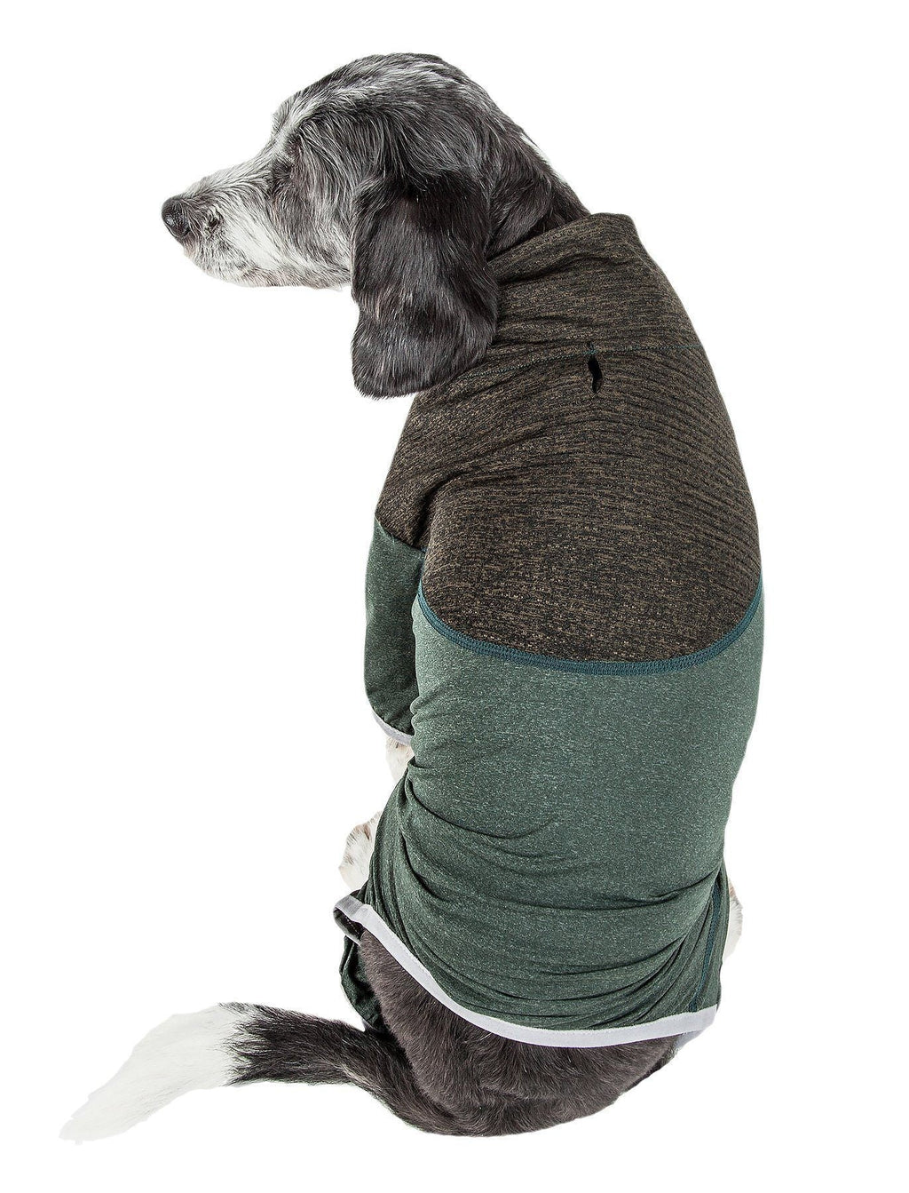 Green and charcoal full-body dog tracksuit with 4-way stretch