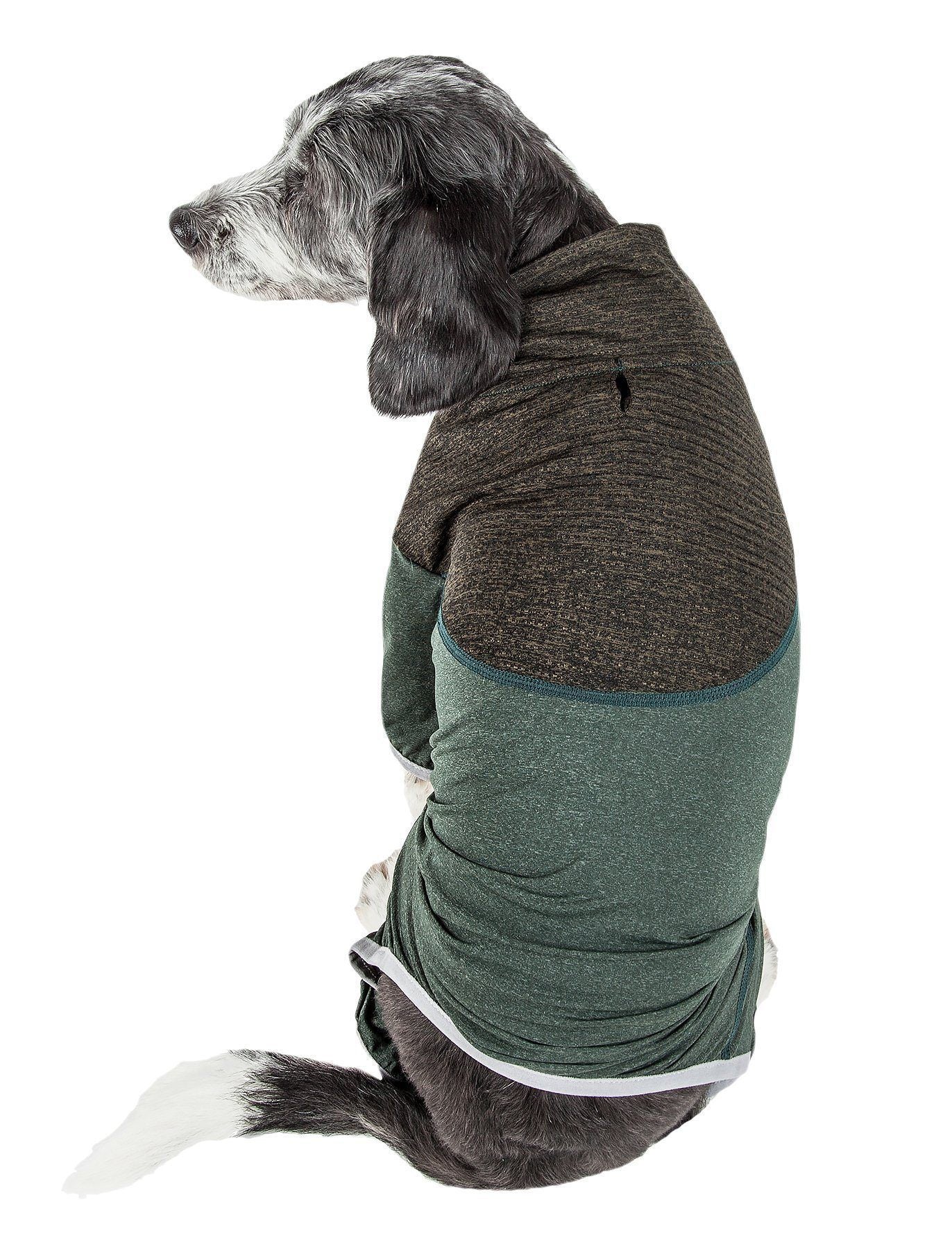 Green and charcoal full-body dog tracksuit with 4-way stretch
