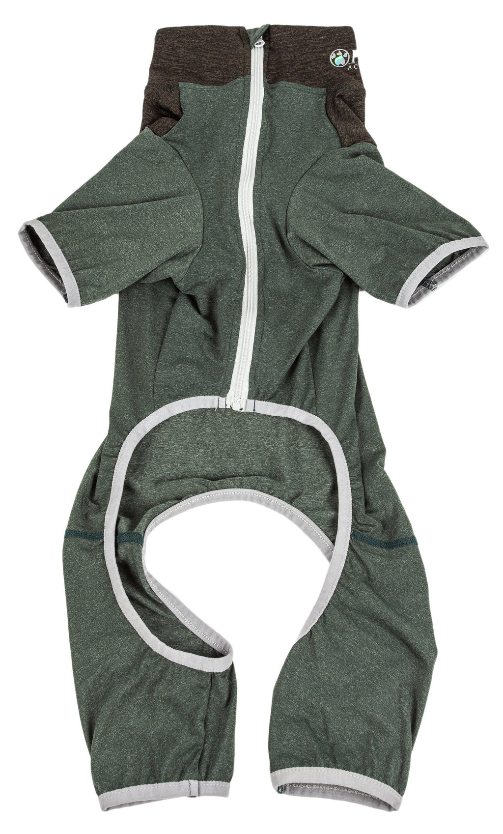 Hunter green full-body dog tracksuit with hood, front zipper, and white trim