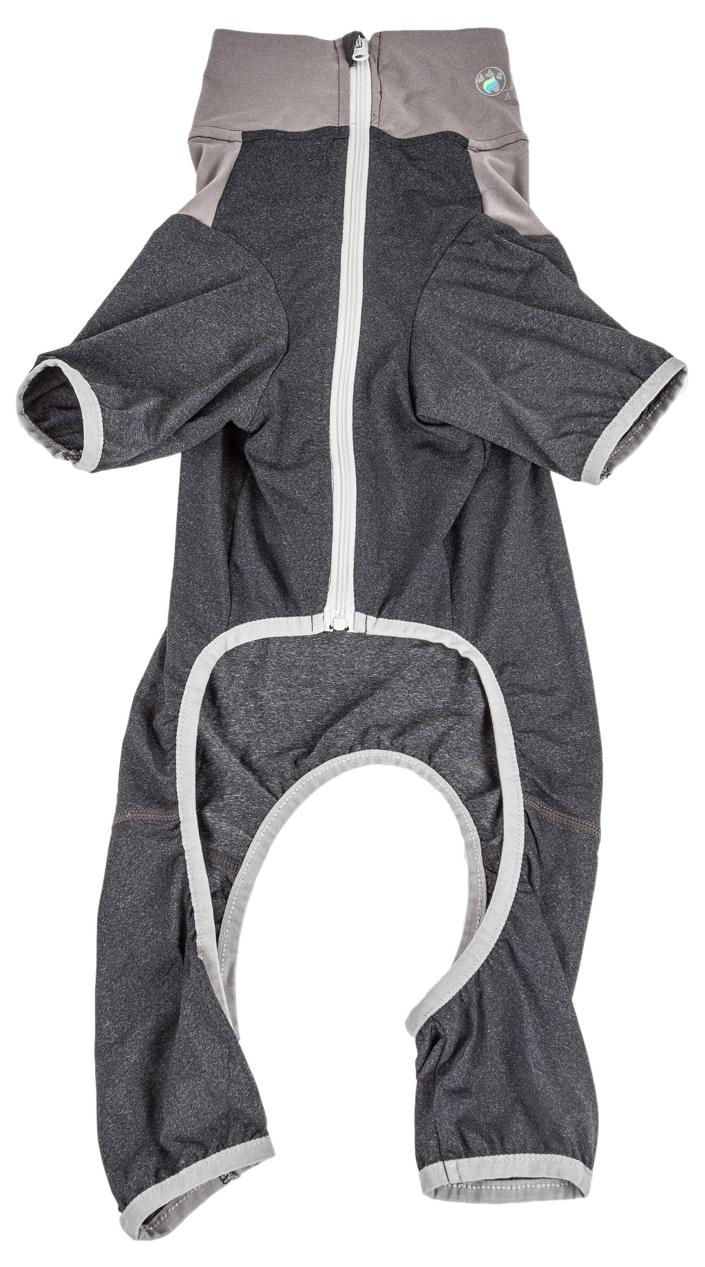 Dark gray full-body dog tracksuit with two-tone panels, zipper front and paw openings