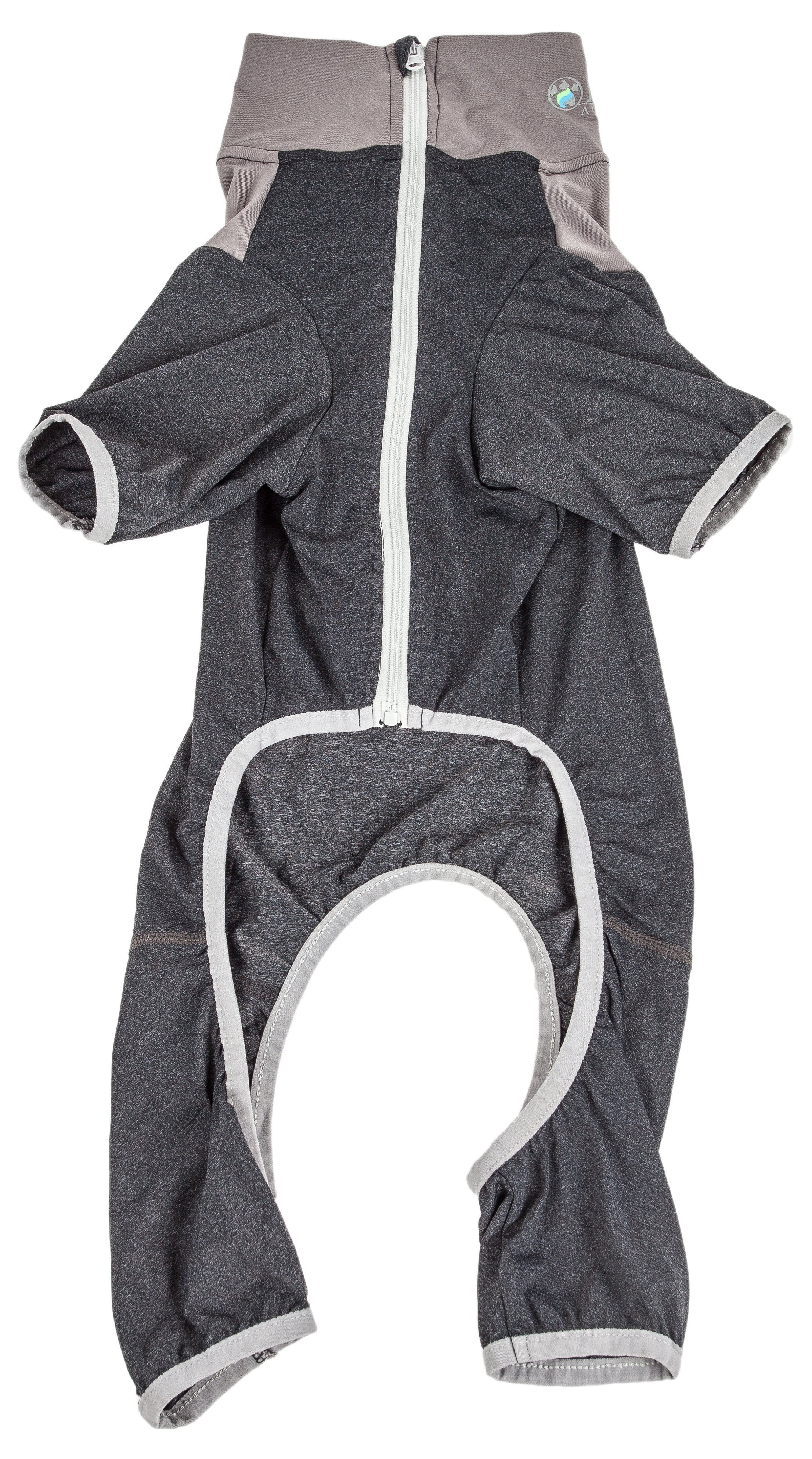 Dark gray full-body dog tracksuit with two-tone panels, zipper front and paw openings