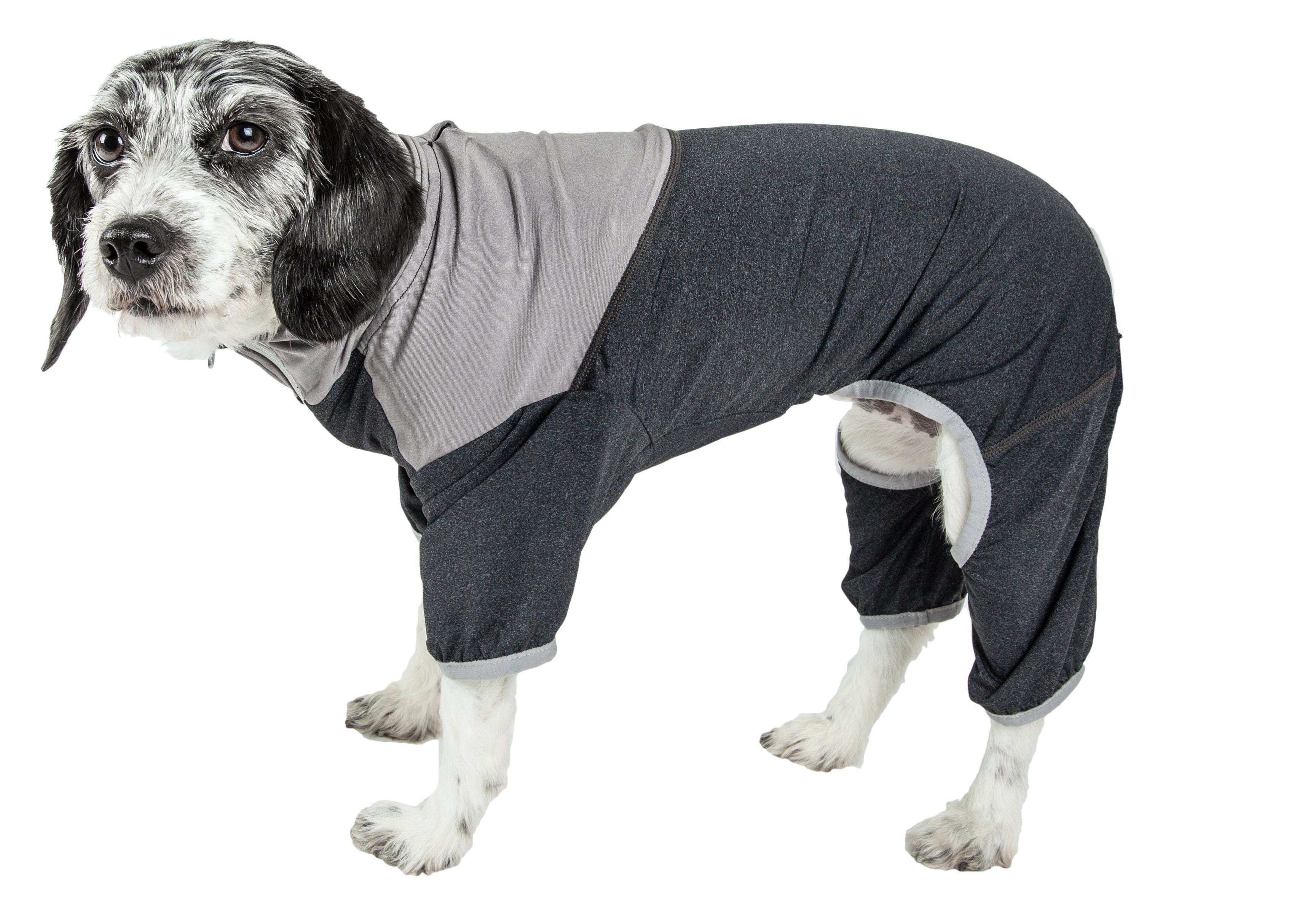 Black/gray 4-way stretch dog tracksuit with paw-access leg openings