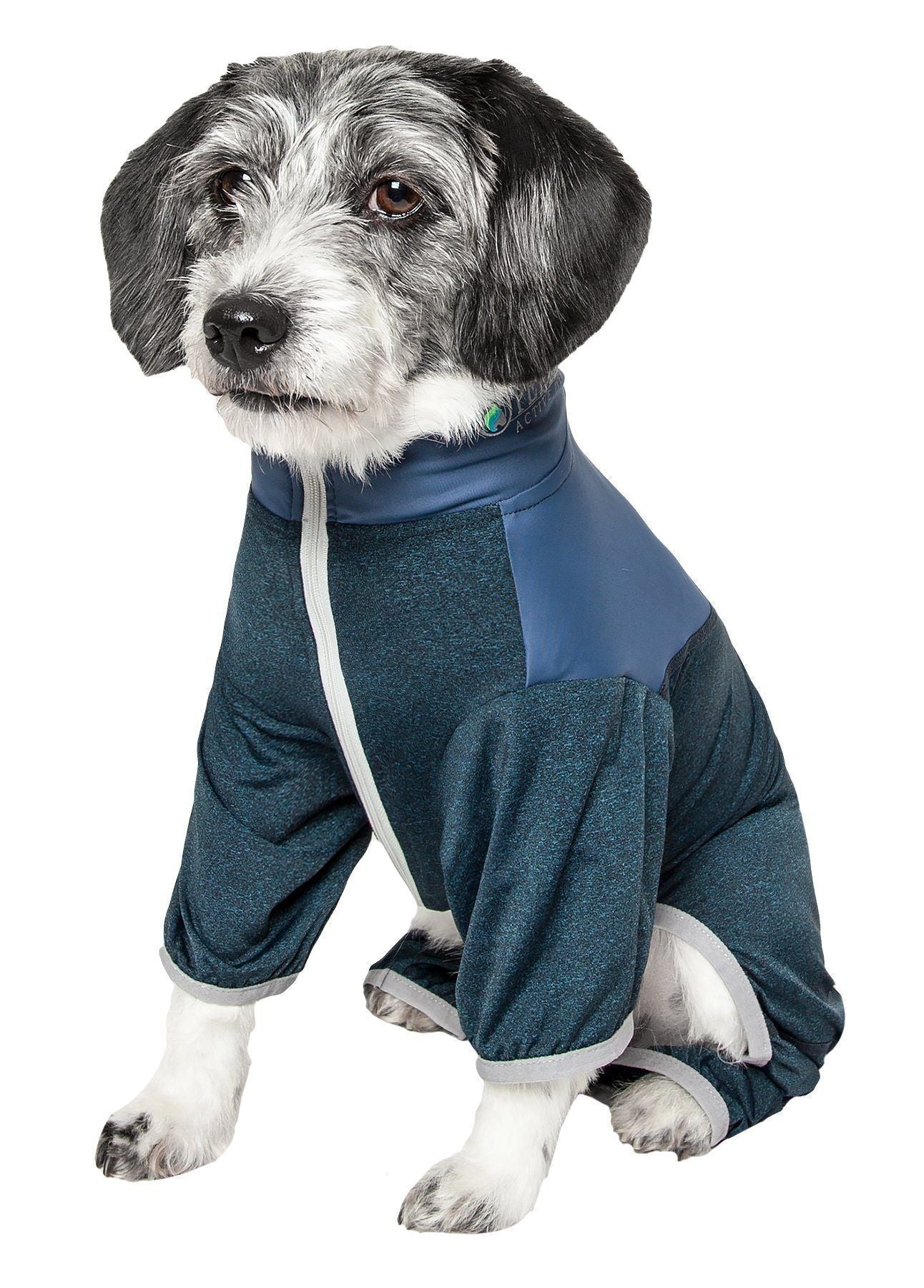 Teal and dark blue full-body dog tracksuit with hood and front zipper