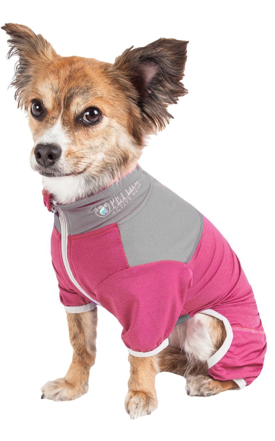 Gray and pink full-body dog tracksuit with contrast panels and front zipper