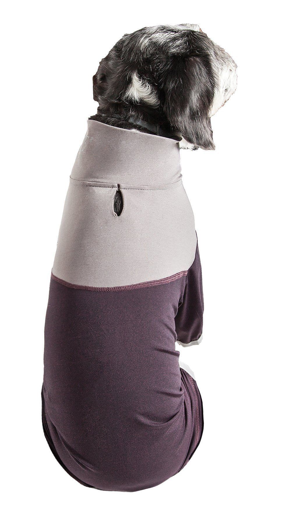 Gray and burgundy full-body dog tracksuit with 4-way stretch, rear view