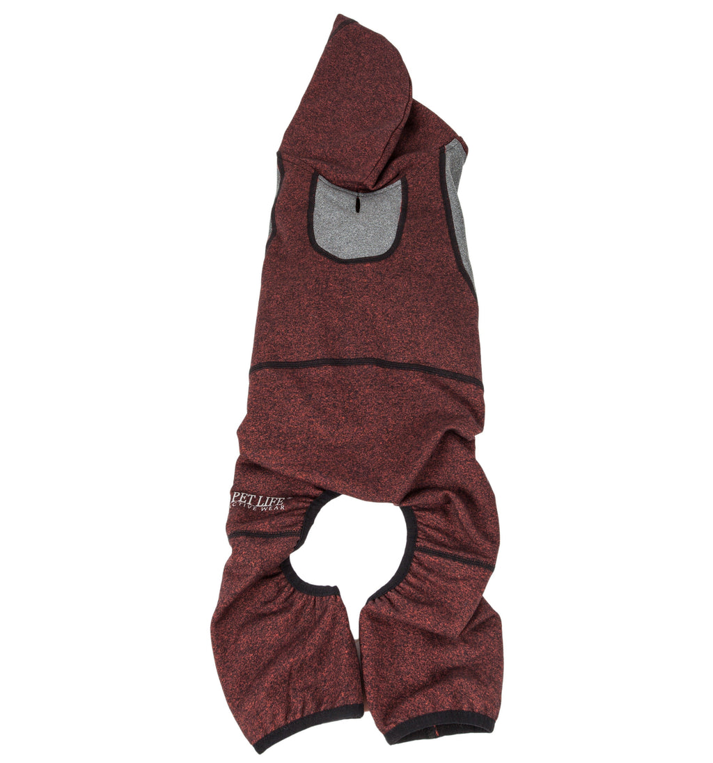Burgundy full-body dog hooded sweater with zipper and belly paw cutout, gray lining