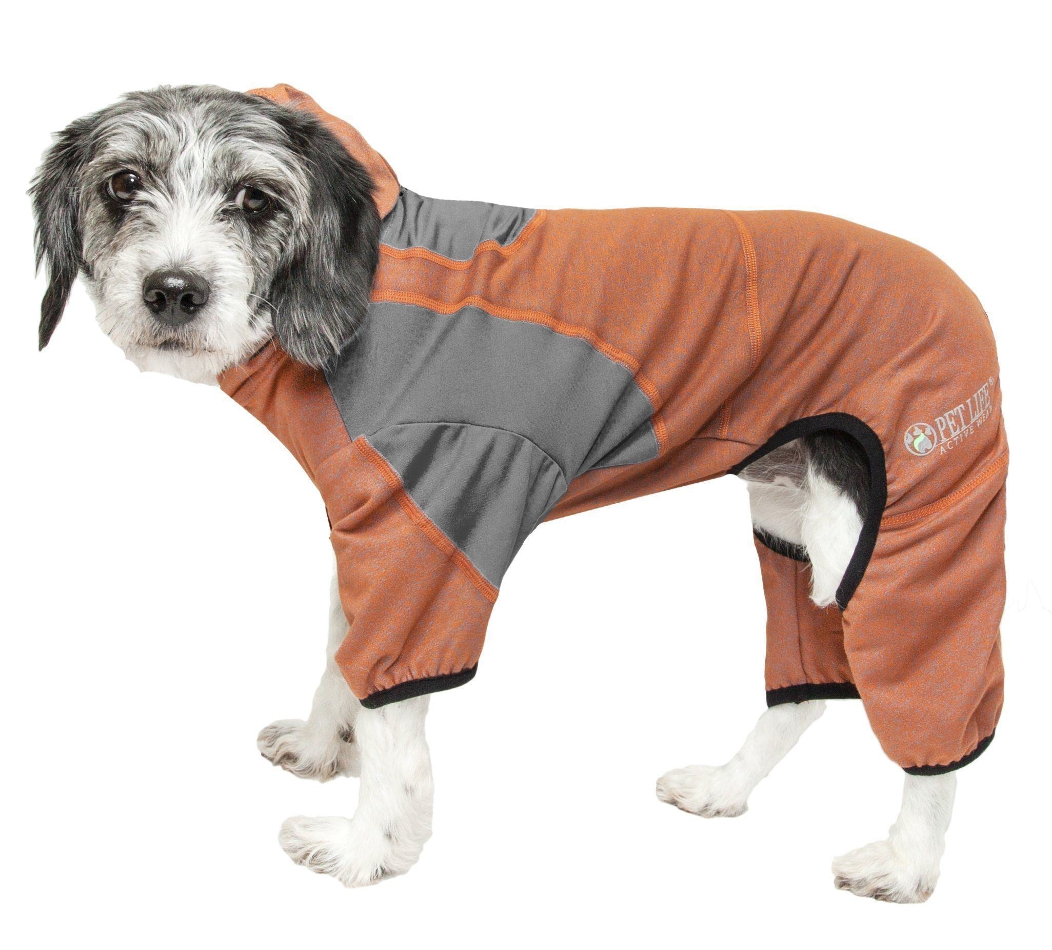 Dog full-body hooded stretch sweater in burnt orange with light gray panels