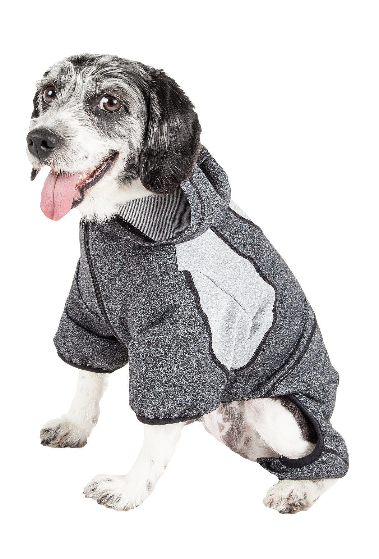 Charcoal-gray full-body hooded dog yoga sweater with front zipper and light gray paneling