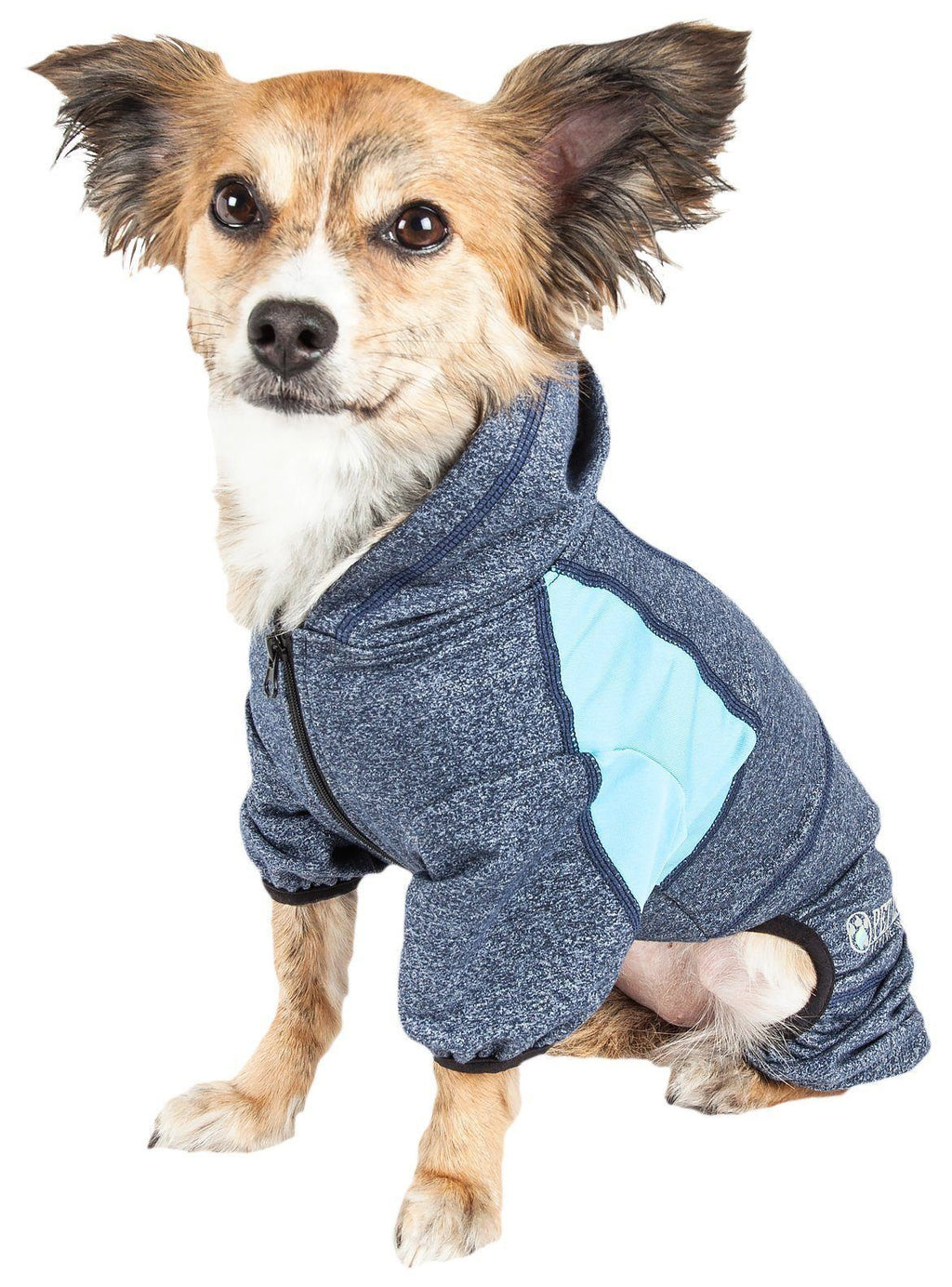 Navy-blue full-body hooded dog yoga sweater with front zipper and light blue side panel