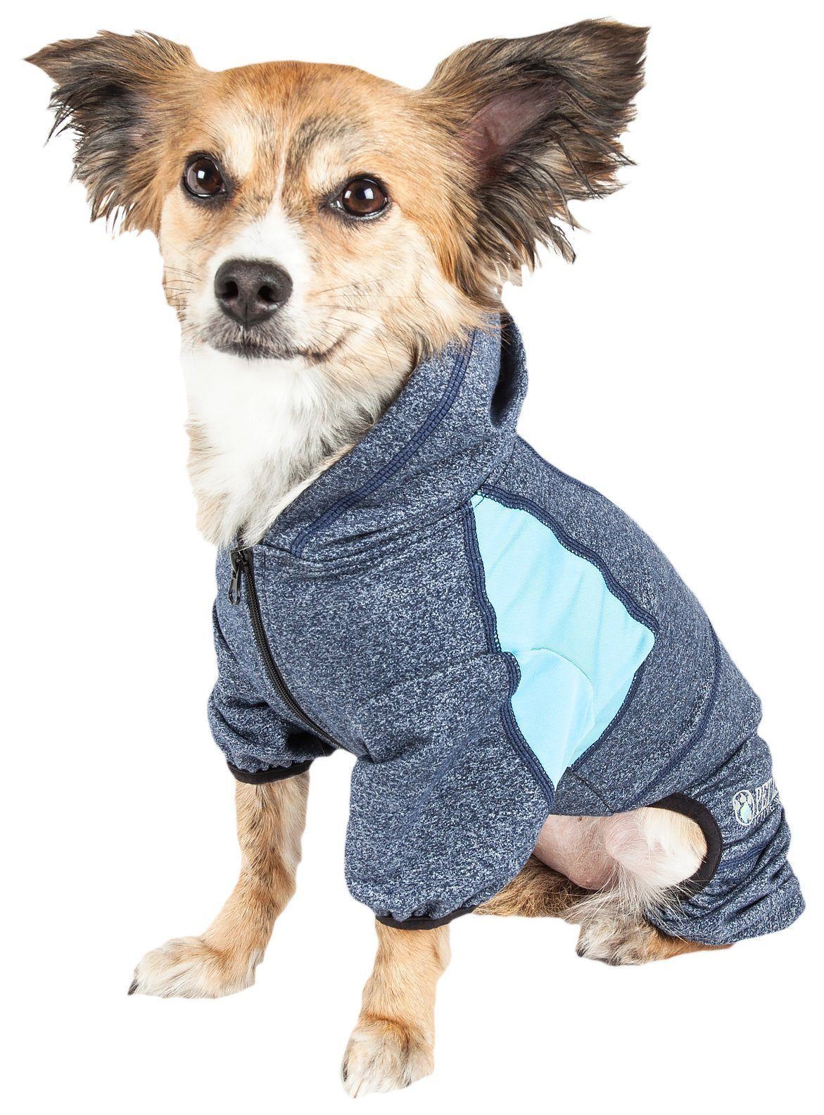 Navy-blue full-body hooded dog yoga sweater with front zipper and light blue side panel