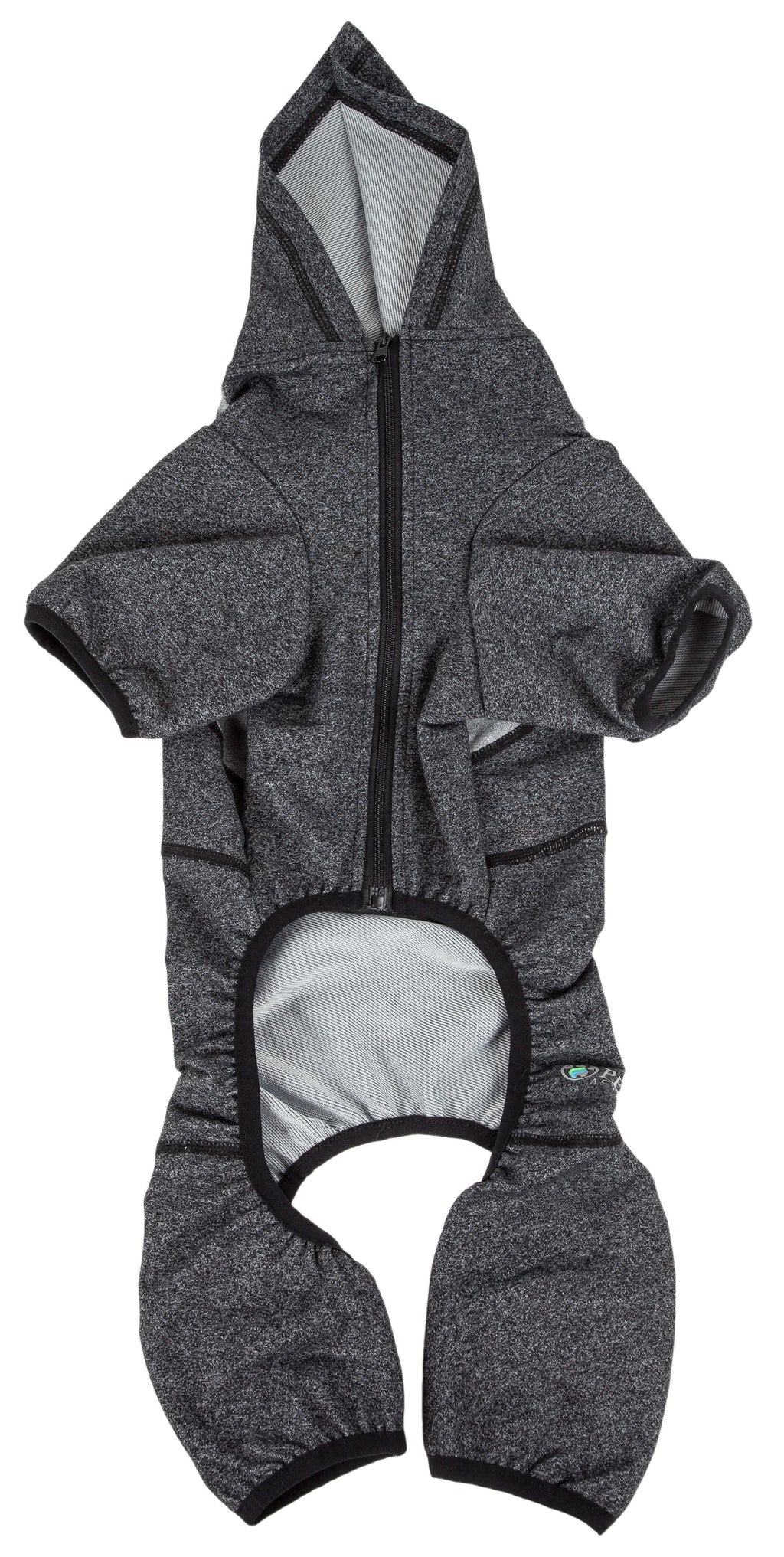 Gray full-body dog hooded sweater with front zipper and paw opening, dark trim