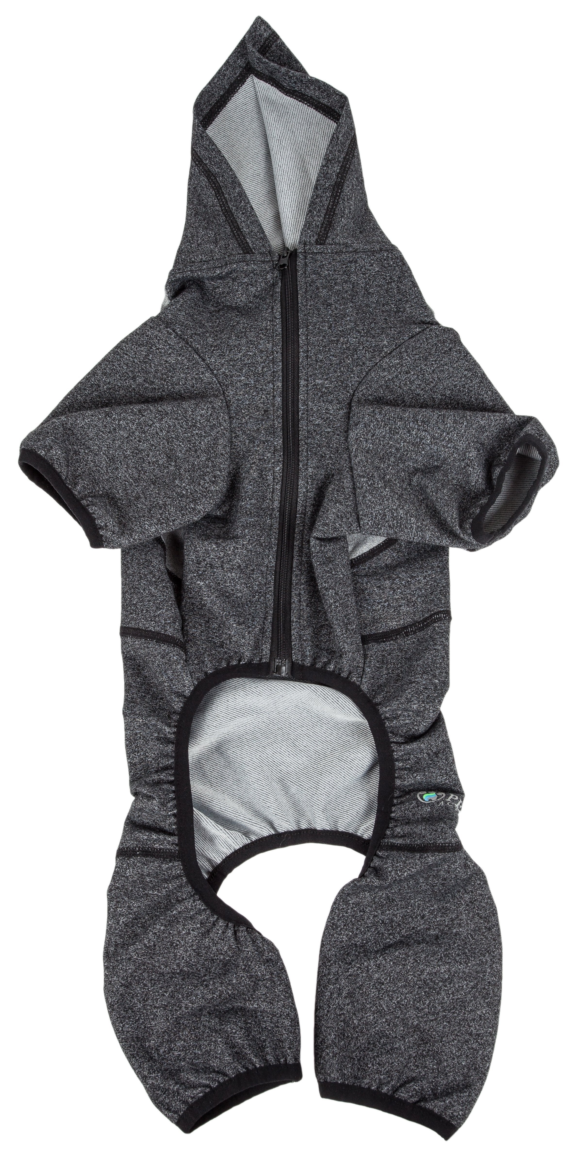 Gray full-body dog hooded sweater with front zipper and paw opening, dark trim