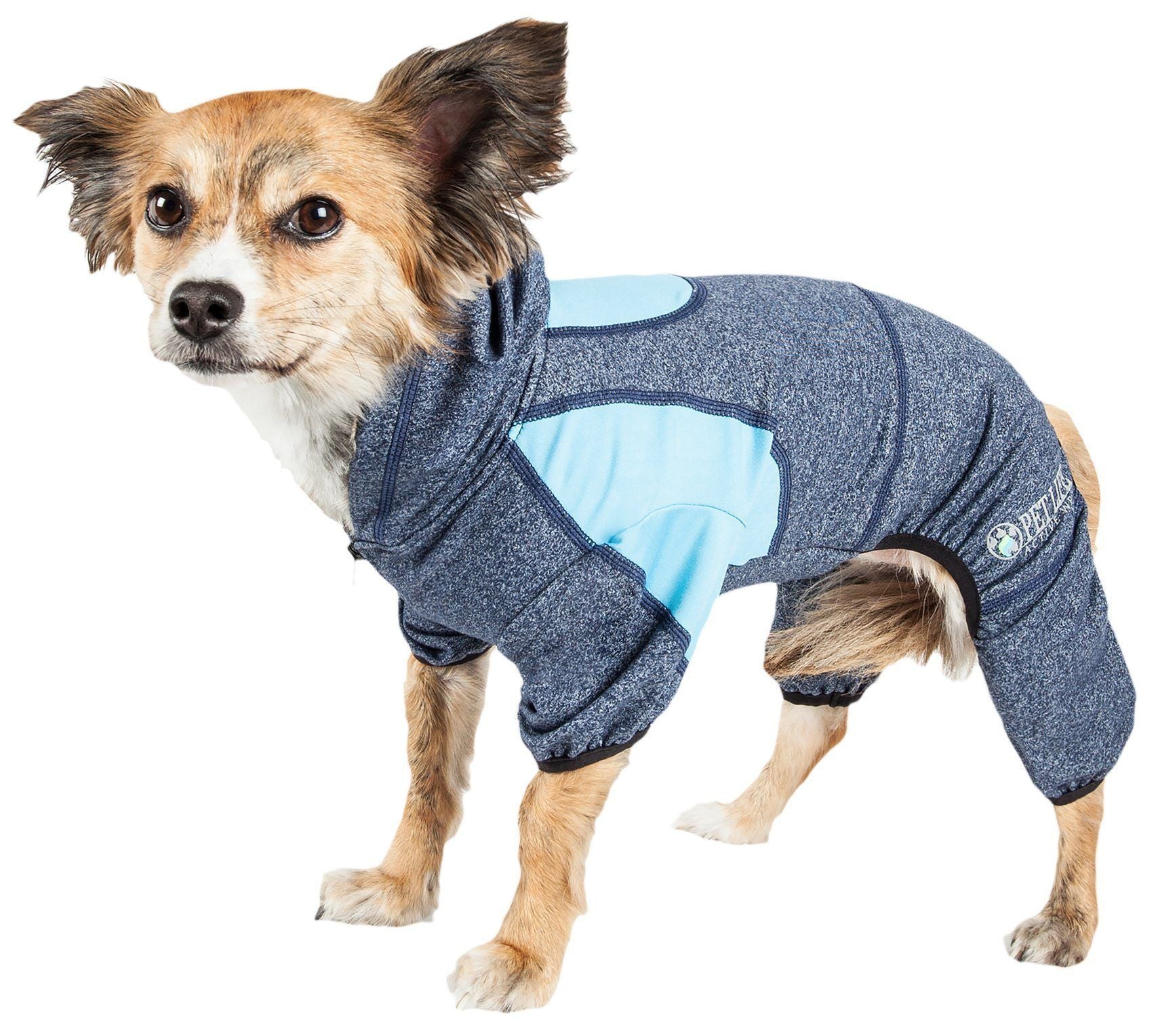 Dog full-body hooded stretch sweater in blue with light blue inner panel