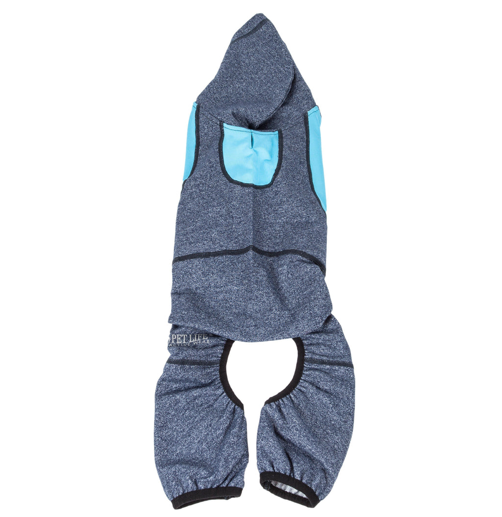 Dark gray-blue full-body hooded dog yoga sweater with front zipper and aqua hood pocket