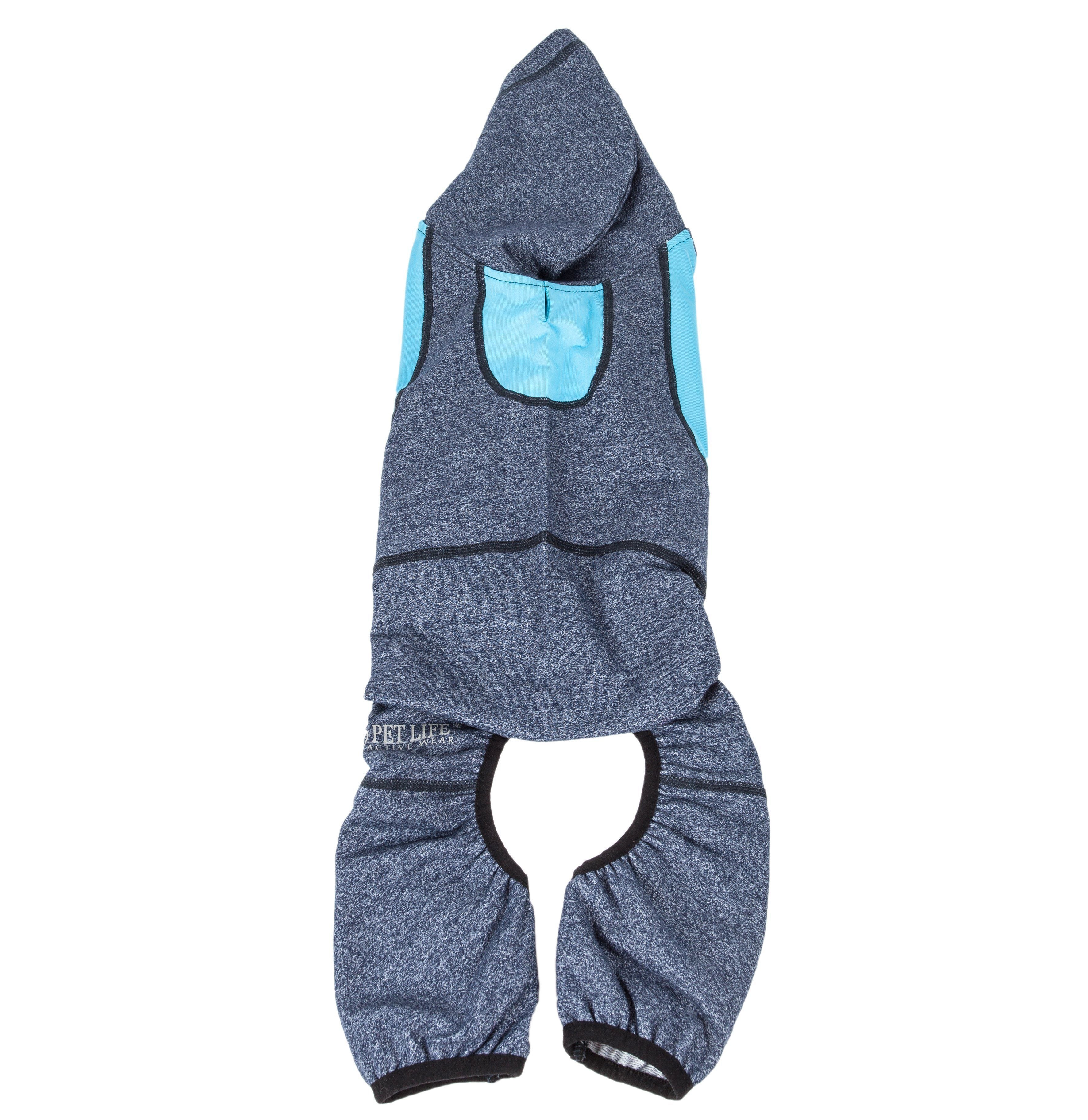 Dark gray-blue full-body hooded dog yoga sweater with front zipper and aqua hood pocket