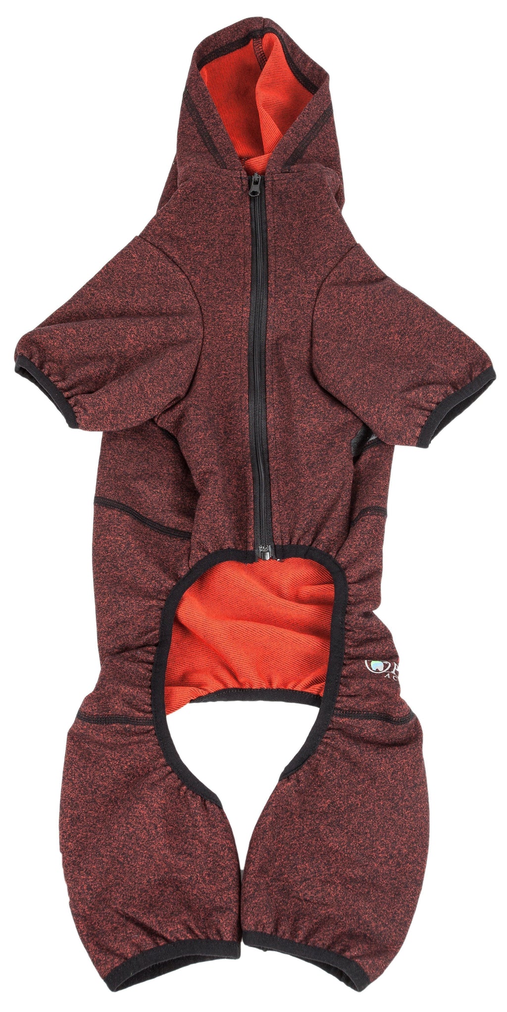 Burgundy 4-way stretch dog onesie with hood zipper and front belly opening