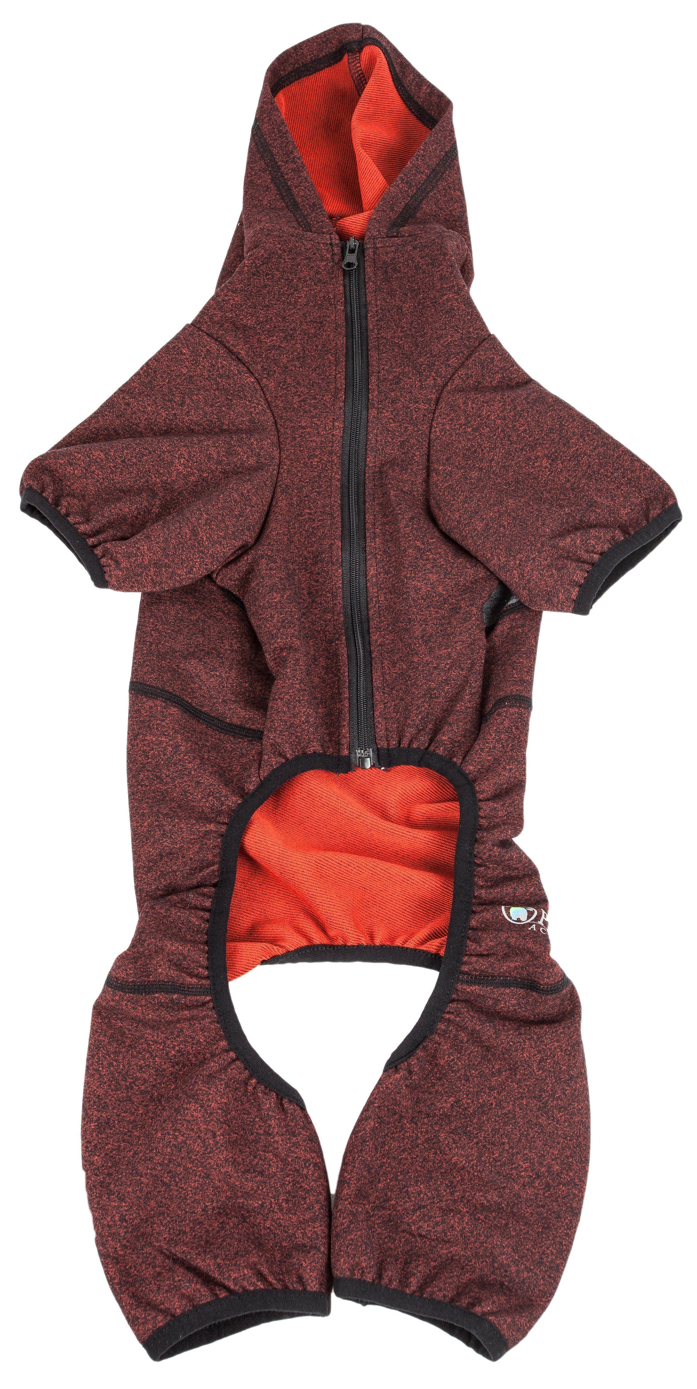Burgundy 4-way stretch dog onesie with hood zipper and front belly opening