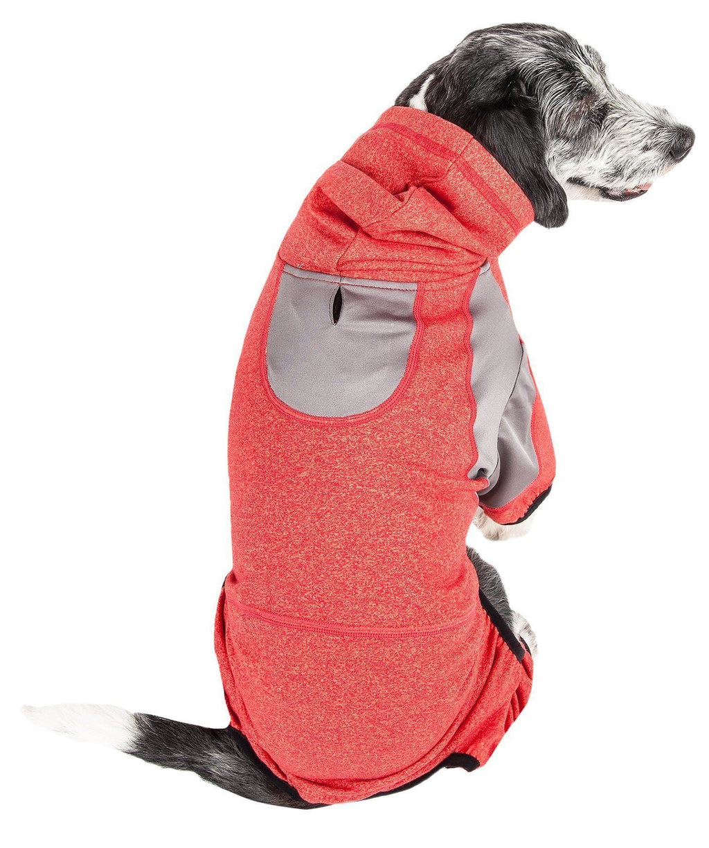 Fire red full-body dog hooded sweater with front zipper and belly opening