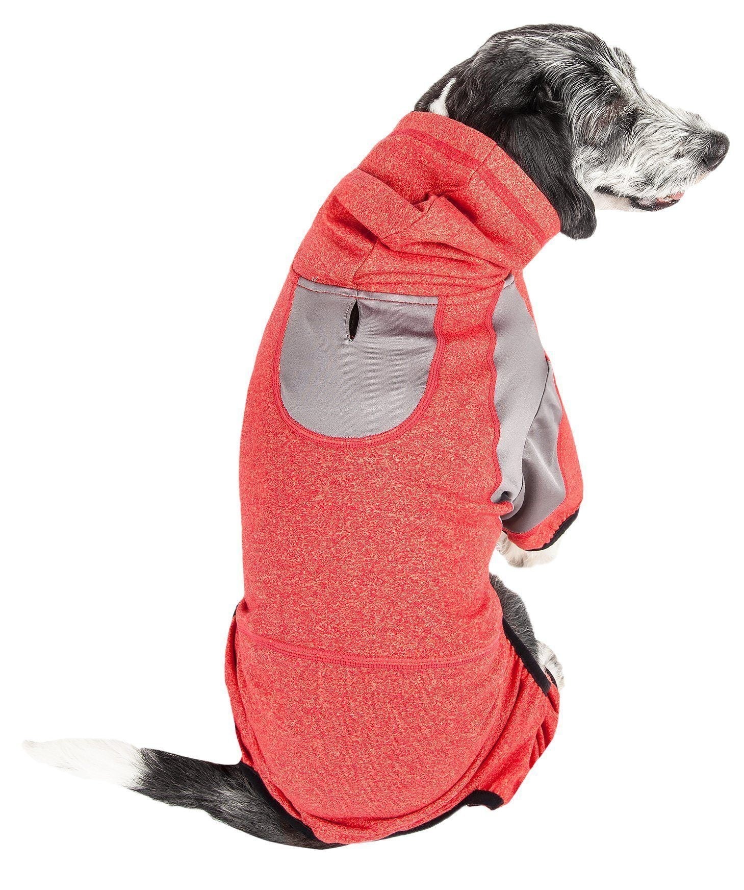 Fire red full-body dog hooded sweater with front zipper and belly opening