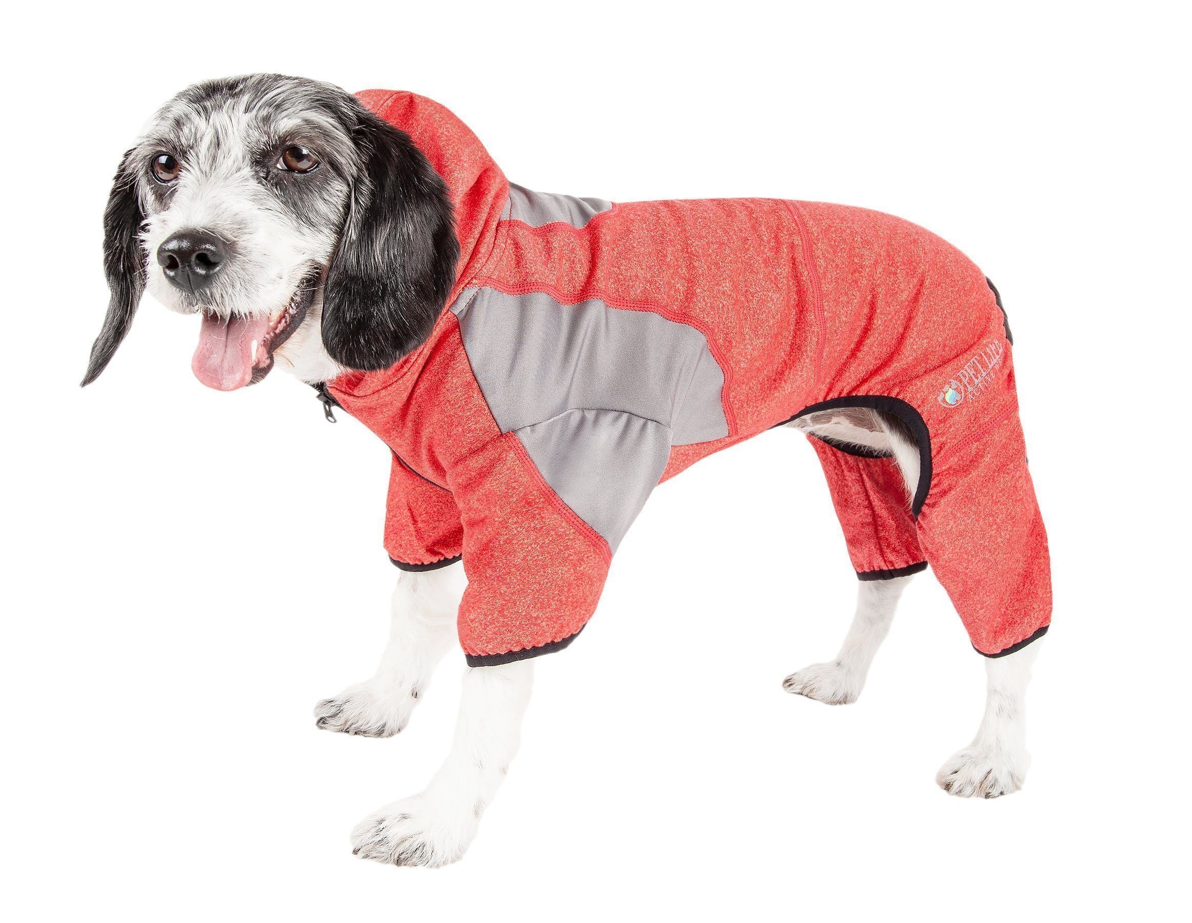 Dog full-body hooded stretch sweater in fire red with light gray panels