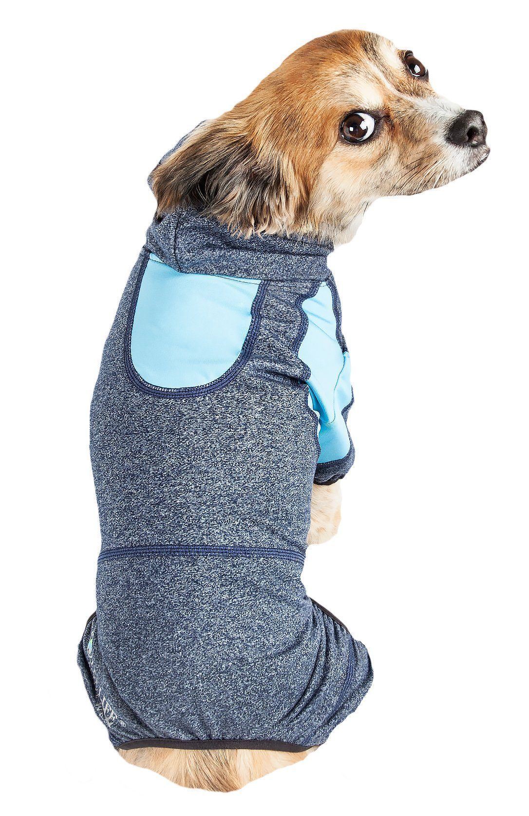 Blue heather full-body dog hooded sweater with zipper and light belly panel
