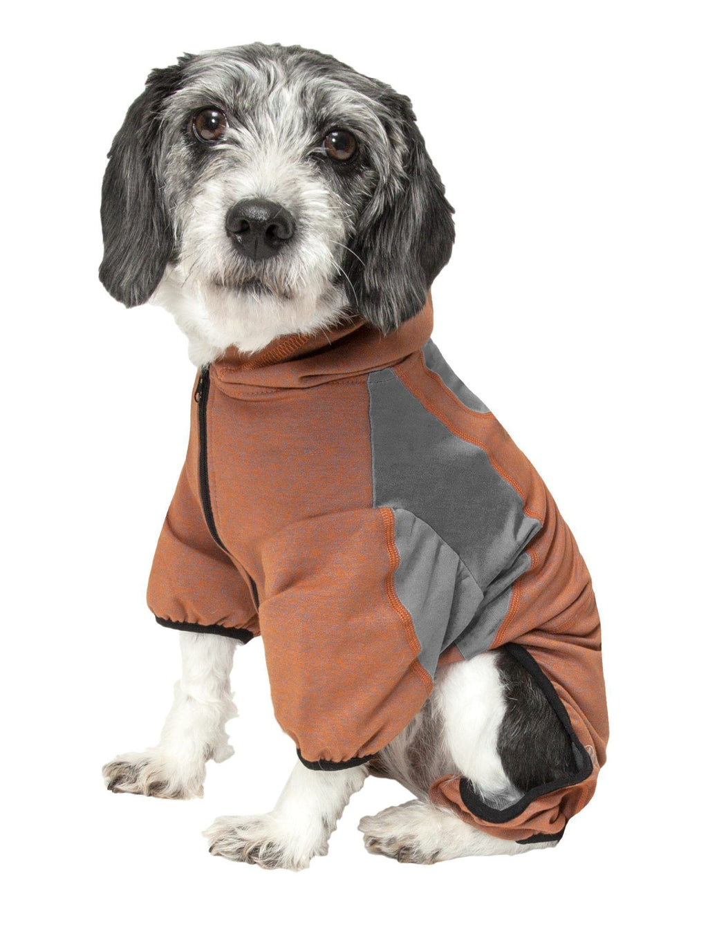 Burnt orange full-body hooded dog yoga sweater with front zipper and gray contrast panels