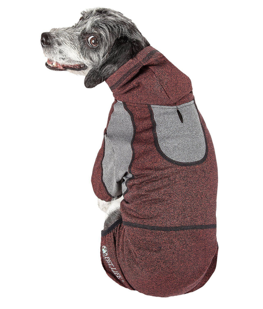 Burgundy full-body hooded dog sweater with zipper and front belly opening