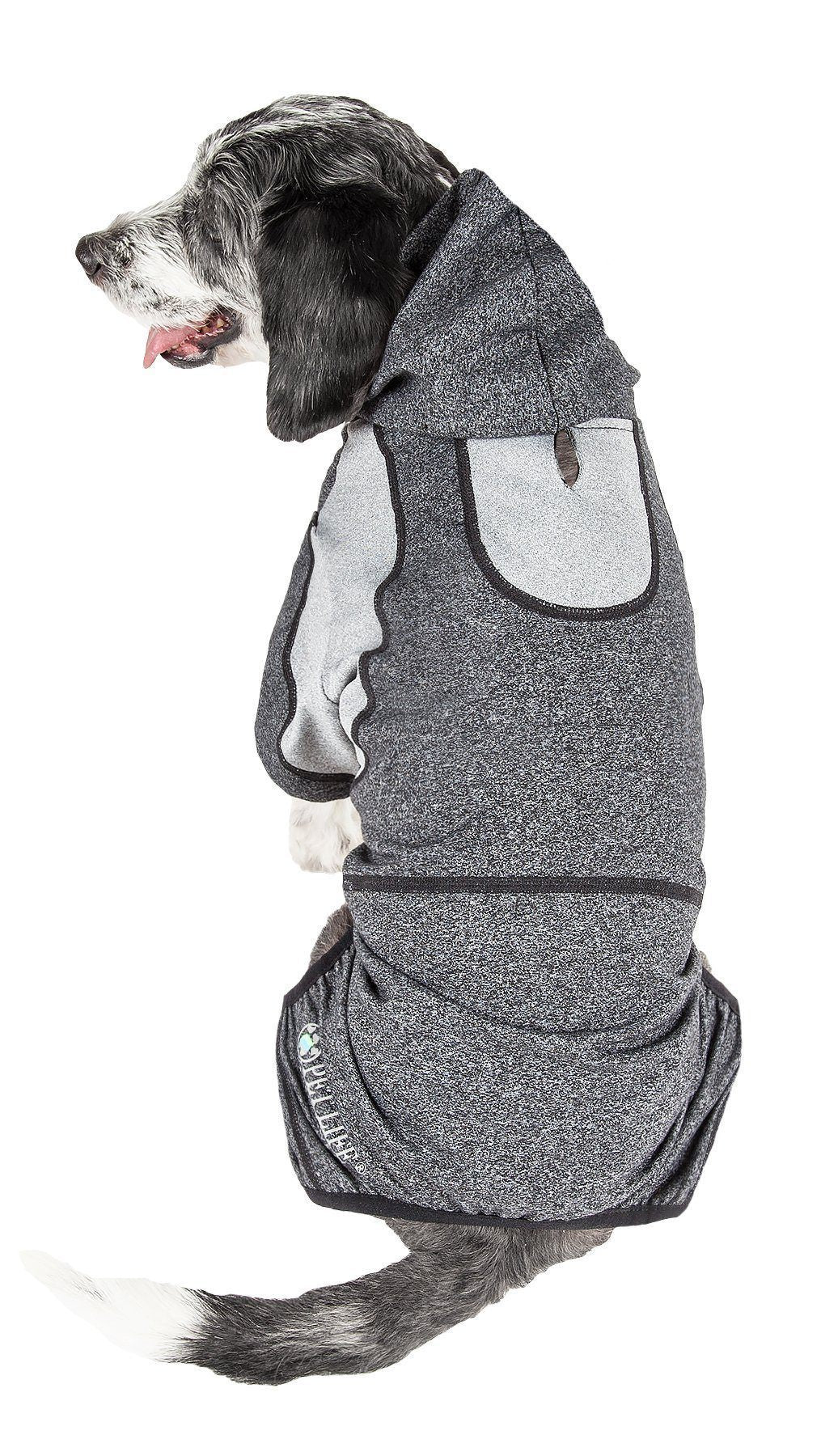 Dark gray full-body dog sweater with hood and zipper plus belly cutout, gray panels