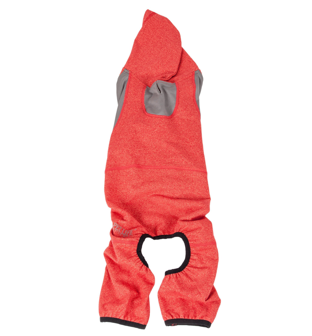 Red full-body hooded dog yoga sweater with leg openings and front zipper