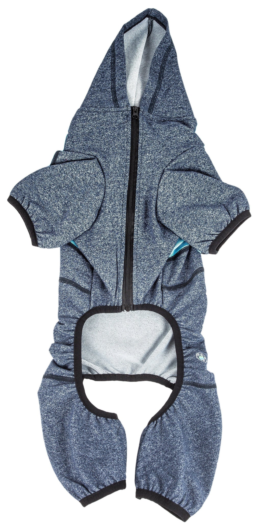 Speckled dark blue full-body hooded dog yoga sweater with front zipper and hidden paw cutouts
