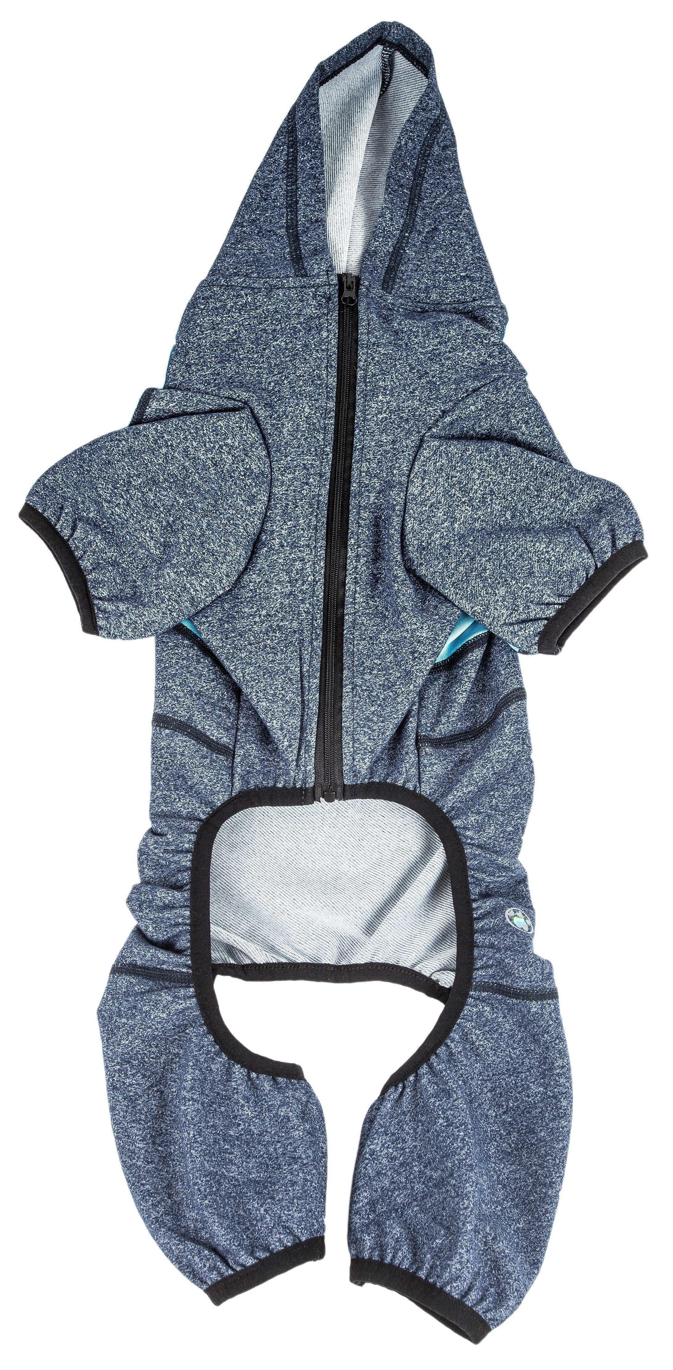 Speckled dark blue full-body hooded dog yoga sweater with front zipper and hidden paw cutouts