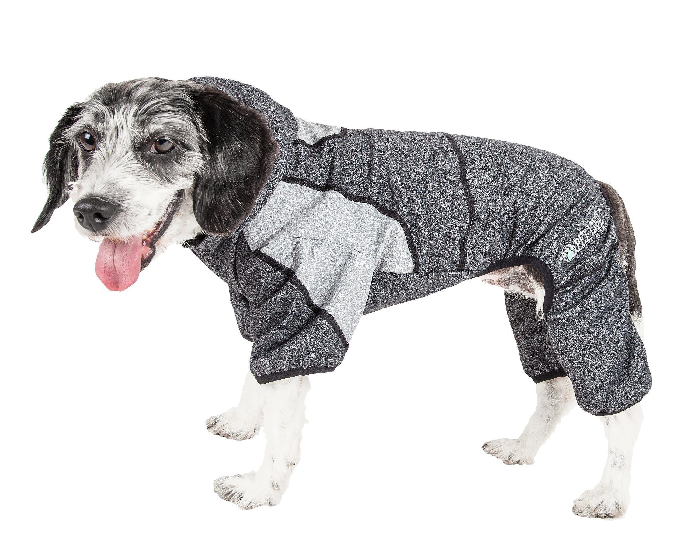 Dog full-body hooded stretch sweater in dark gray with light gray belly panel