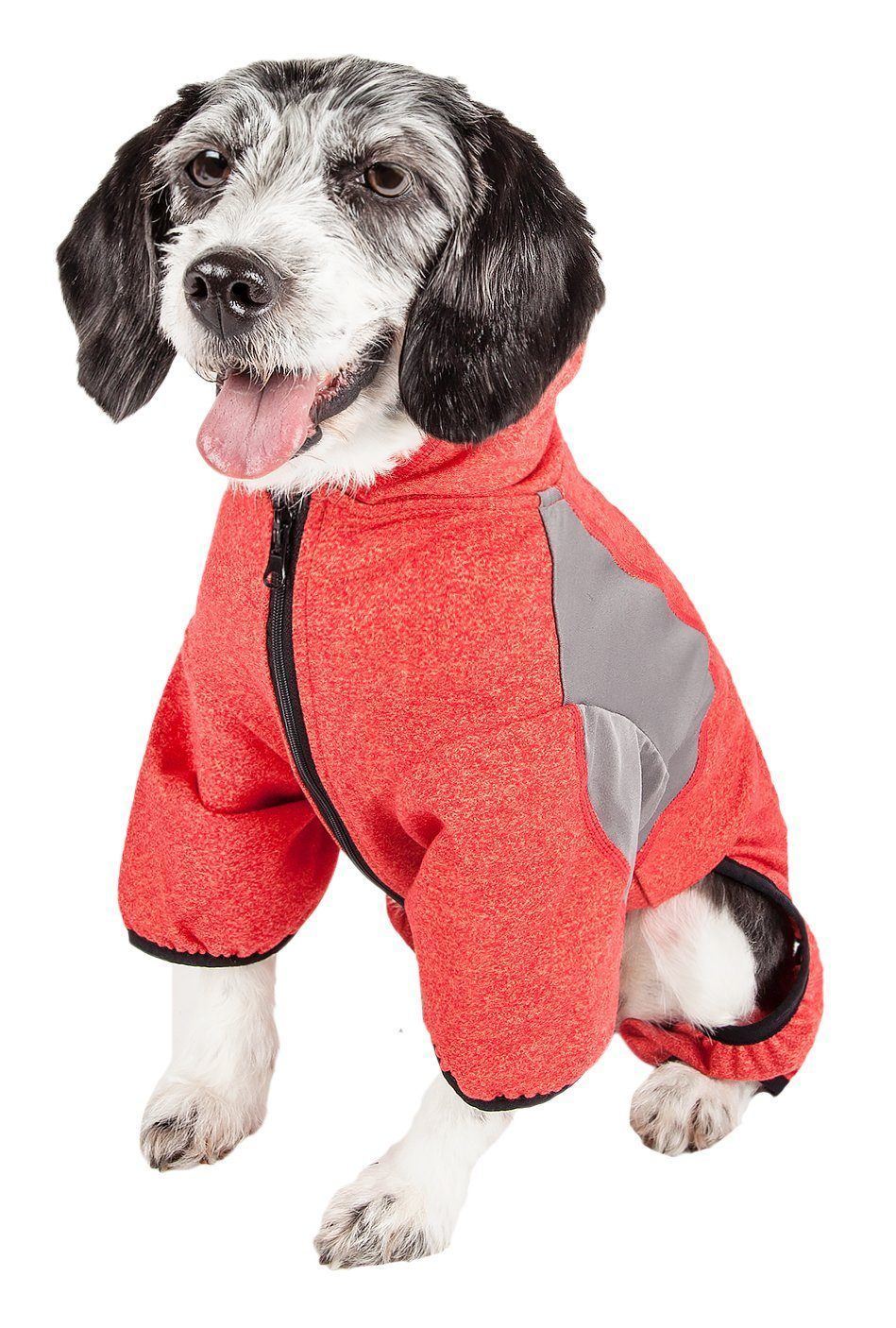 Red full-body hooded dog yoga sweater with front zipper and light gray mesh panels
