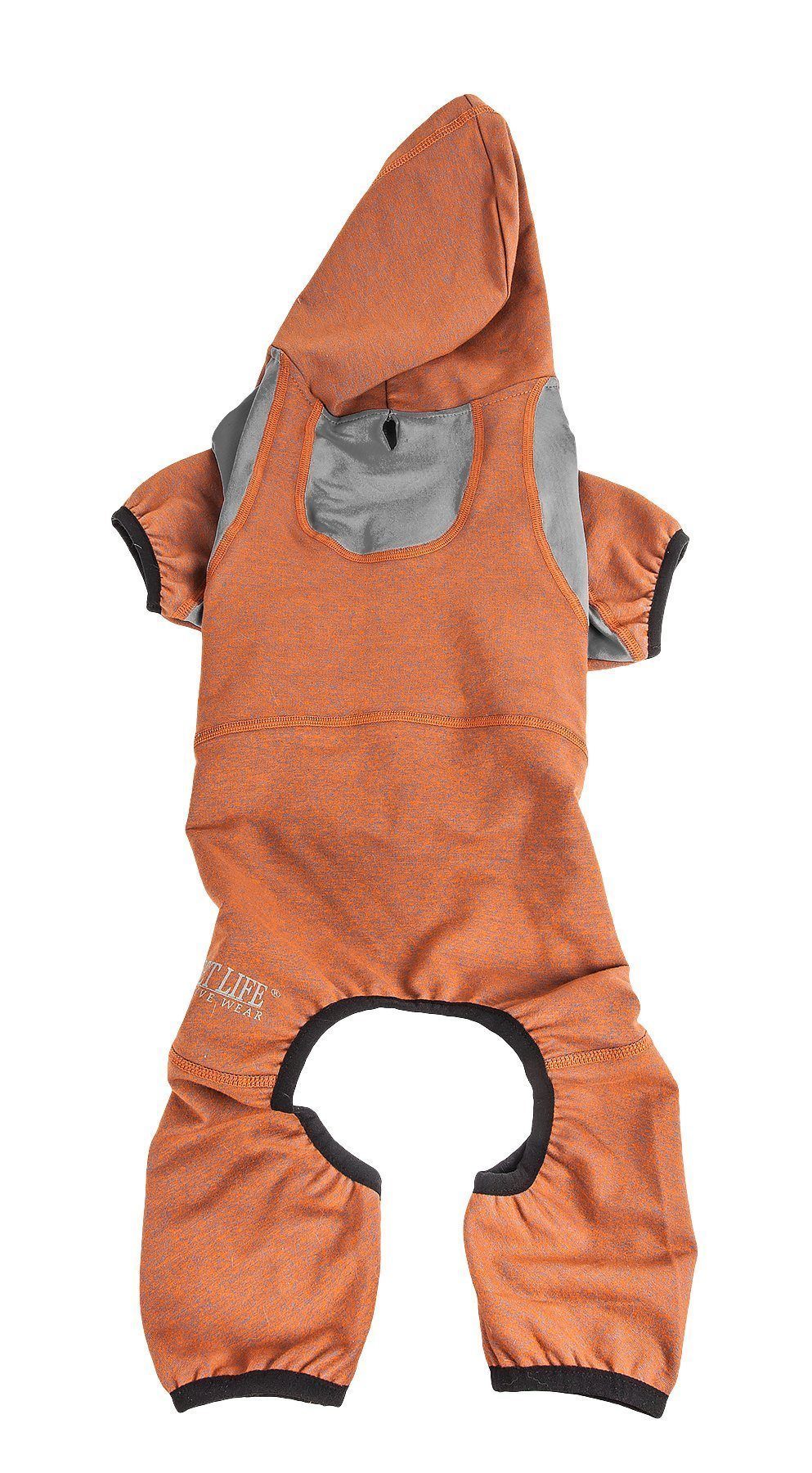 Burnt orange full-body dog hooded sweater with zipper and front belly cutout