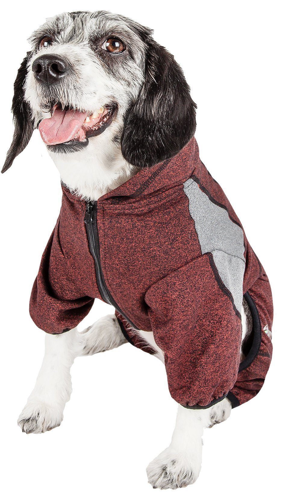 Burgundy full-body hooded dog yoga sweater with front zipper and light gray mesh panels