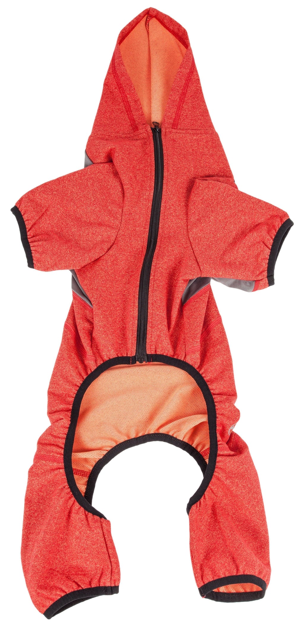 Red full-body hooded dog yoga sweater with front zipper and orange-toned back panel